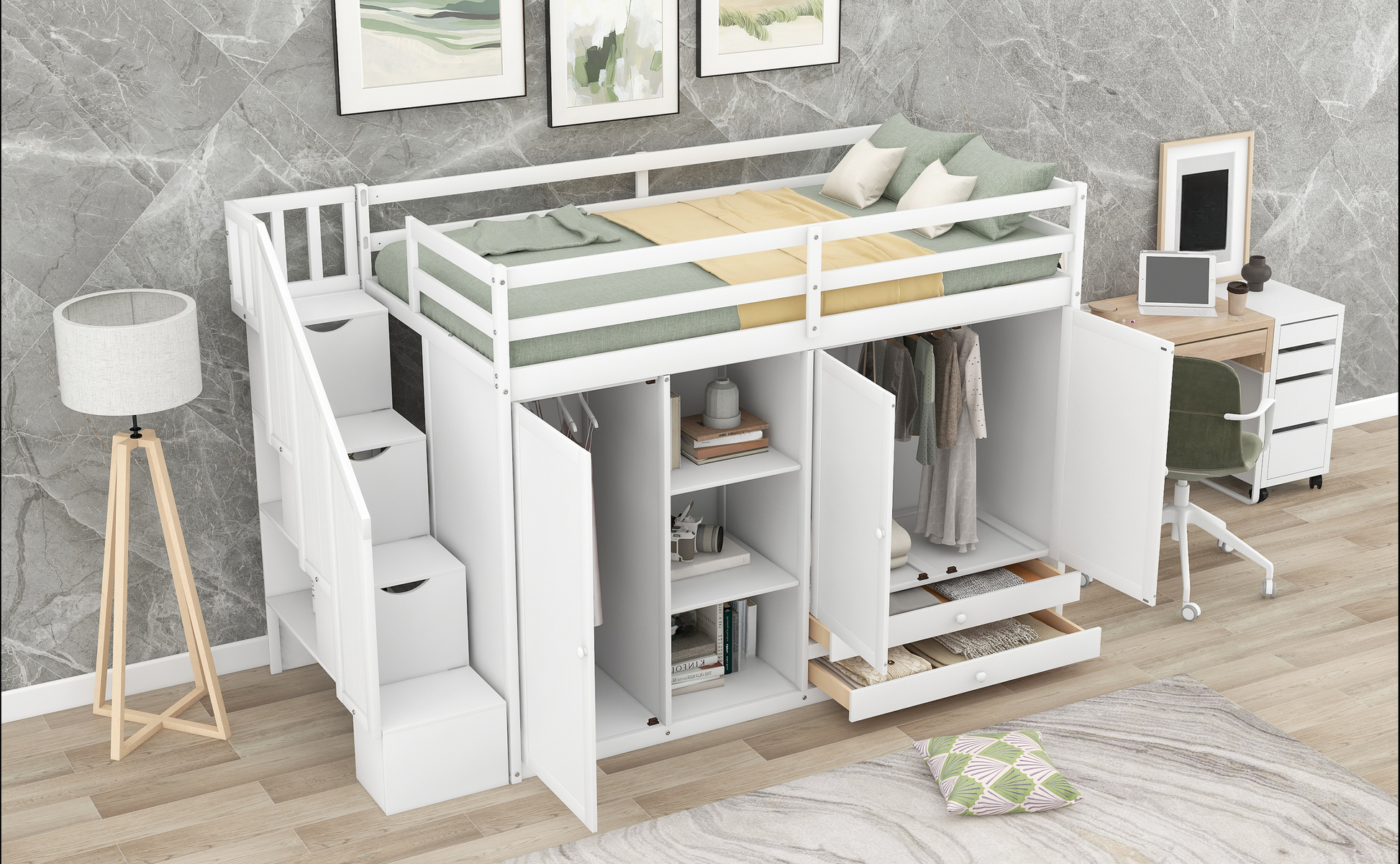 White loft bed with integrated wardrobe and desk