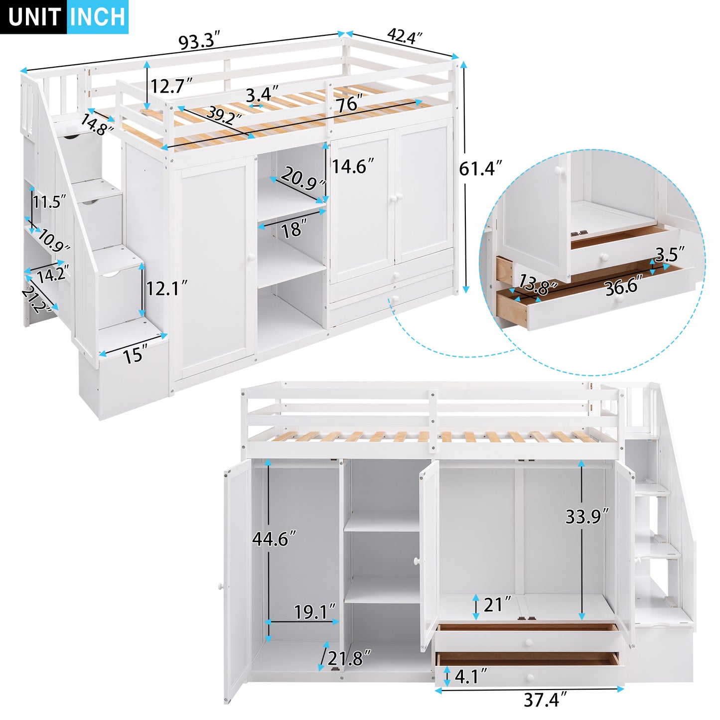 White loft bed with builtin wardrobe and drawers for kids room storage