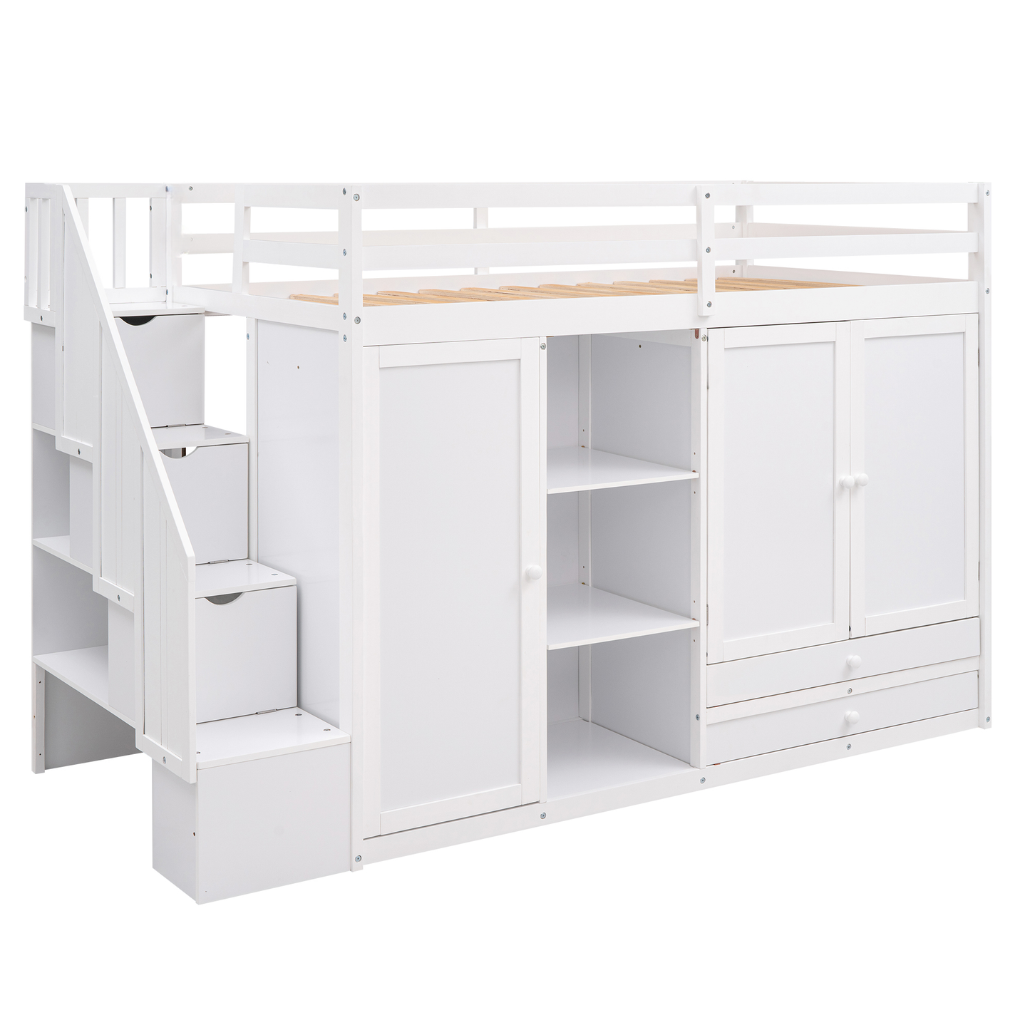 White loft bed with stairs and integrated storage