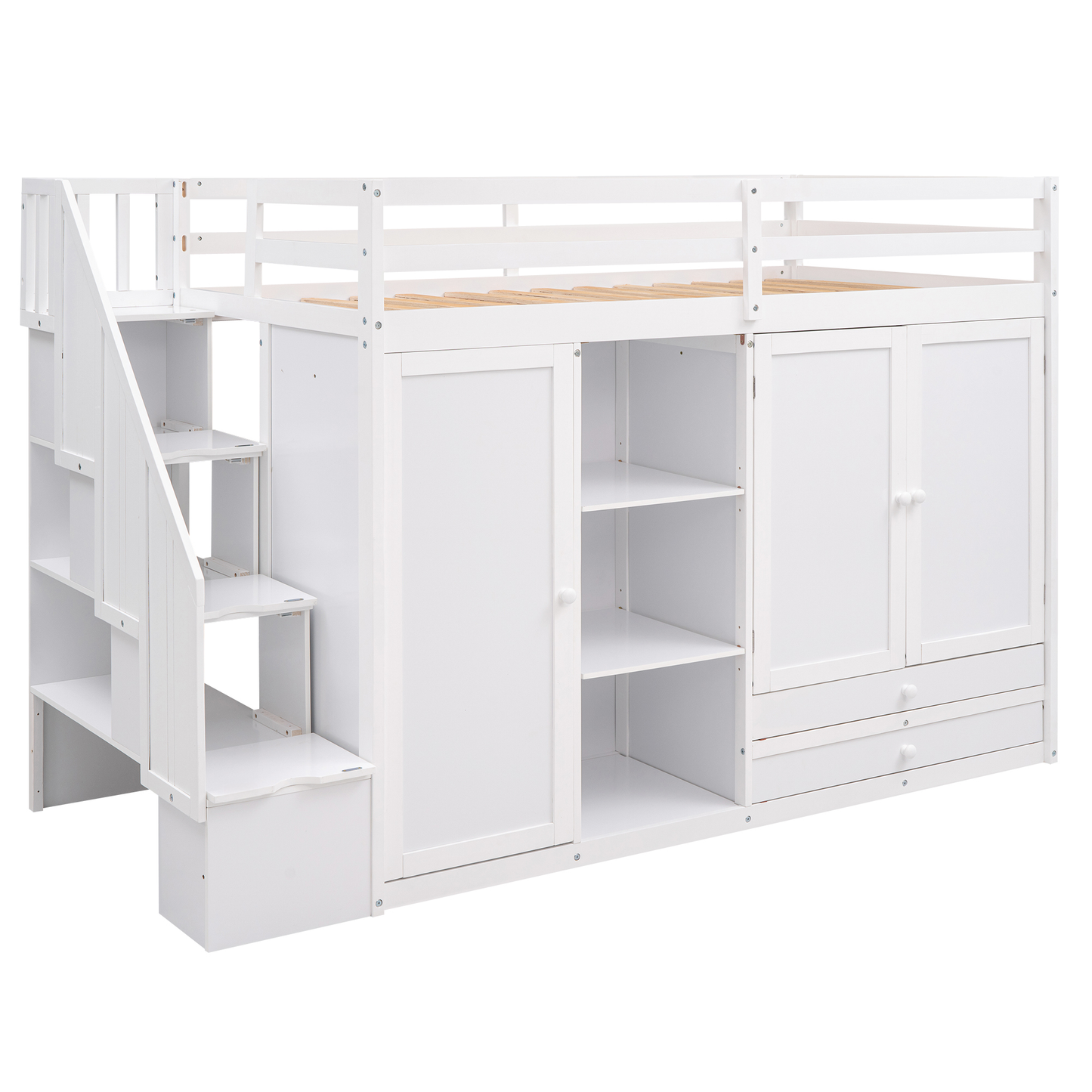 White loft bed with stairs two cabinets and drawers