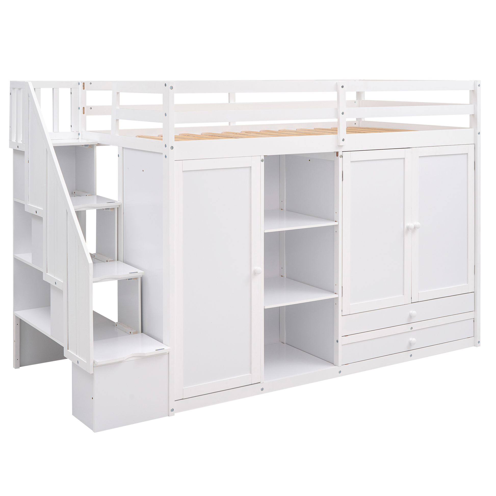 White loft bed with stairs two cabinets and drawers