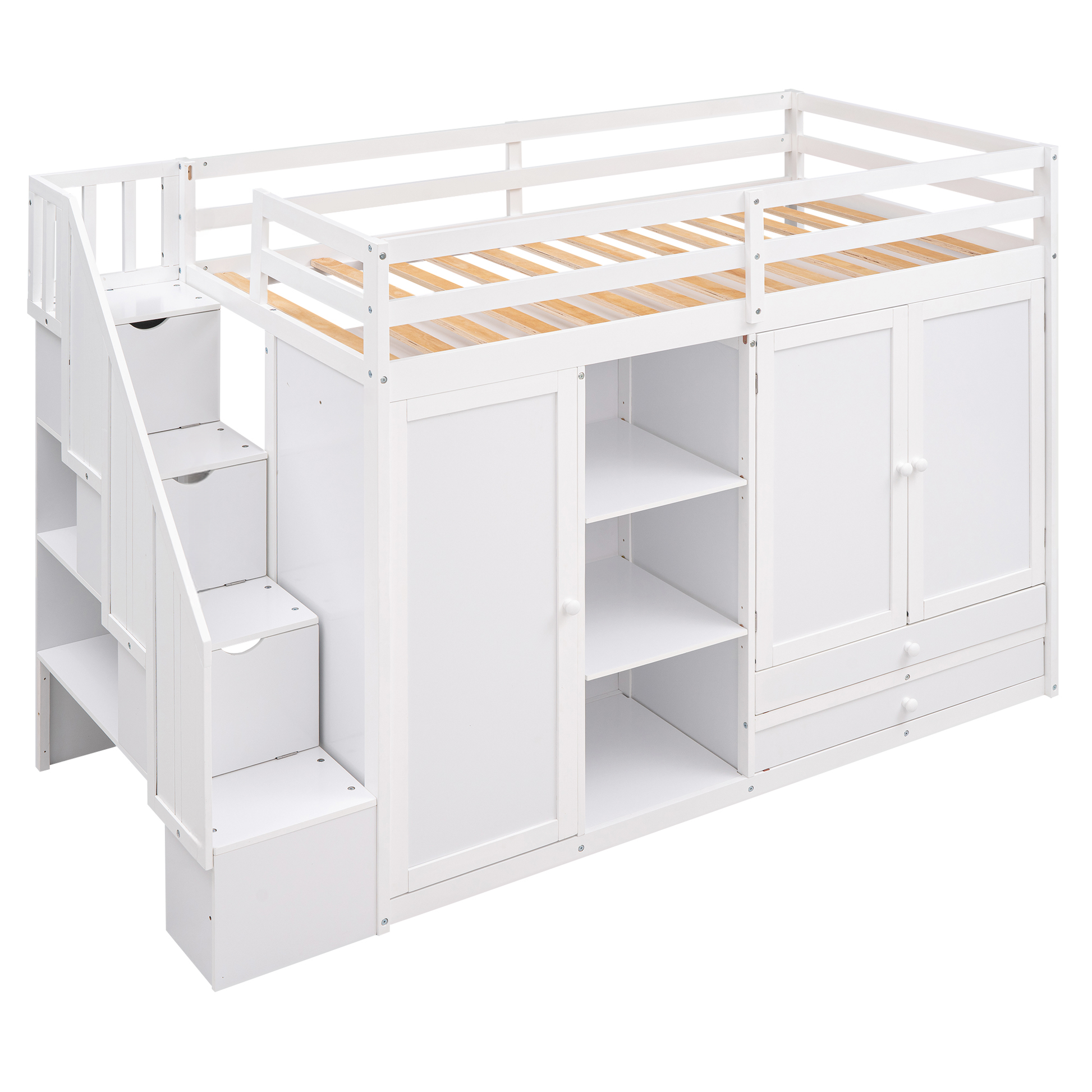 White loft bed with stairs and storage
