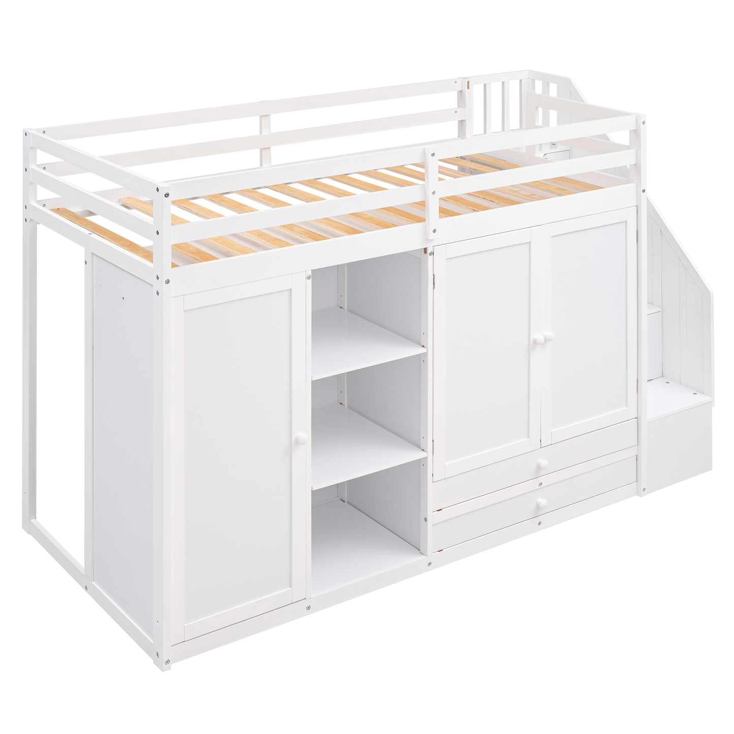 White wooden loft bed with stairs and integrated storage