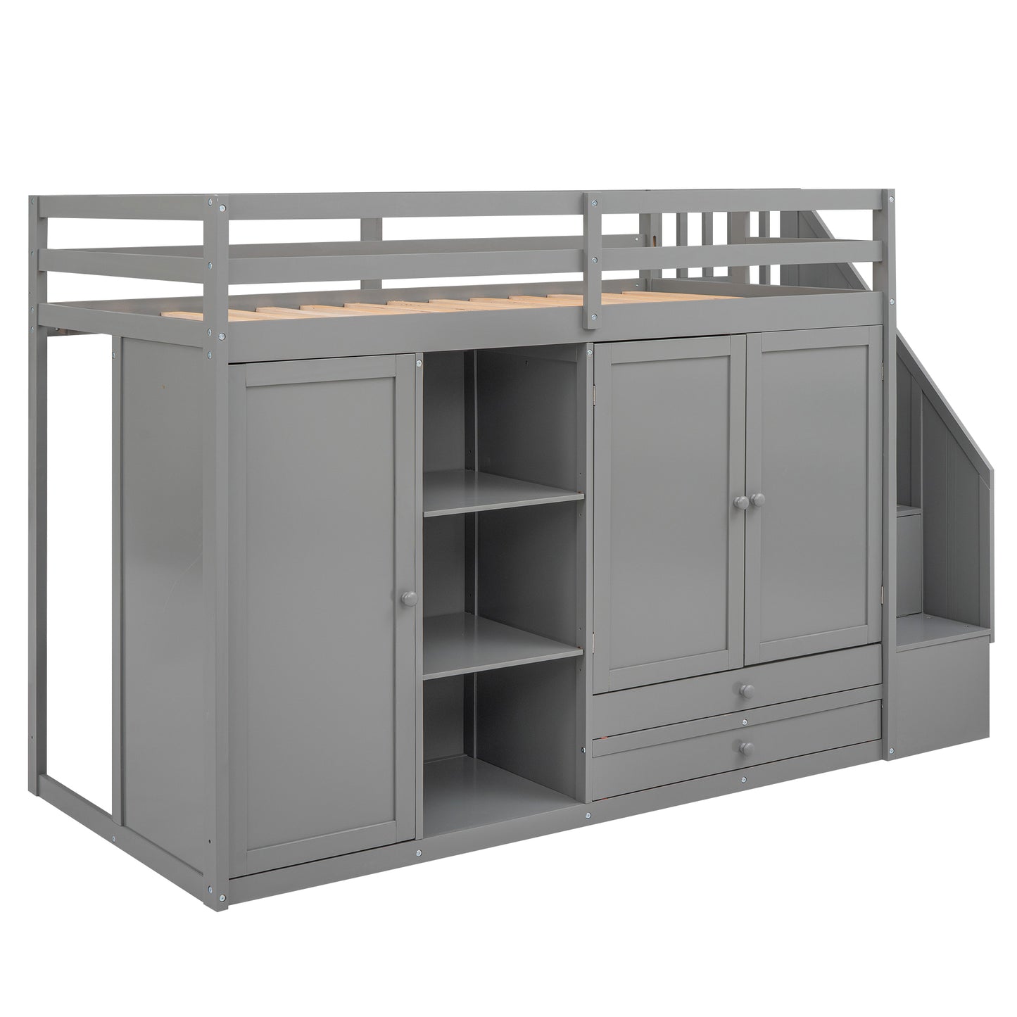 Gray loft bed with integrated storage including shelves and drawers
