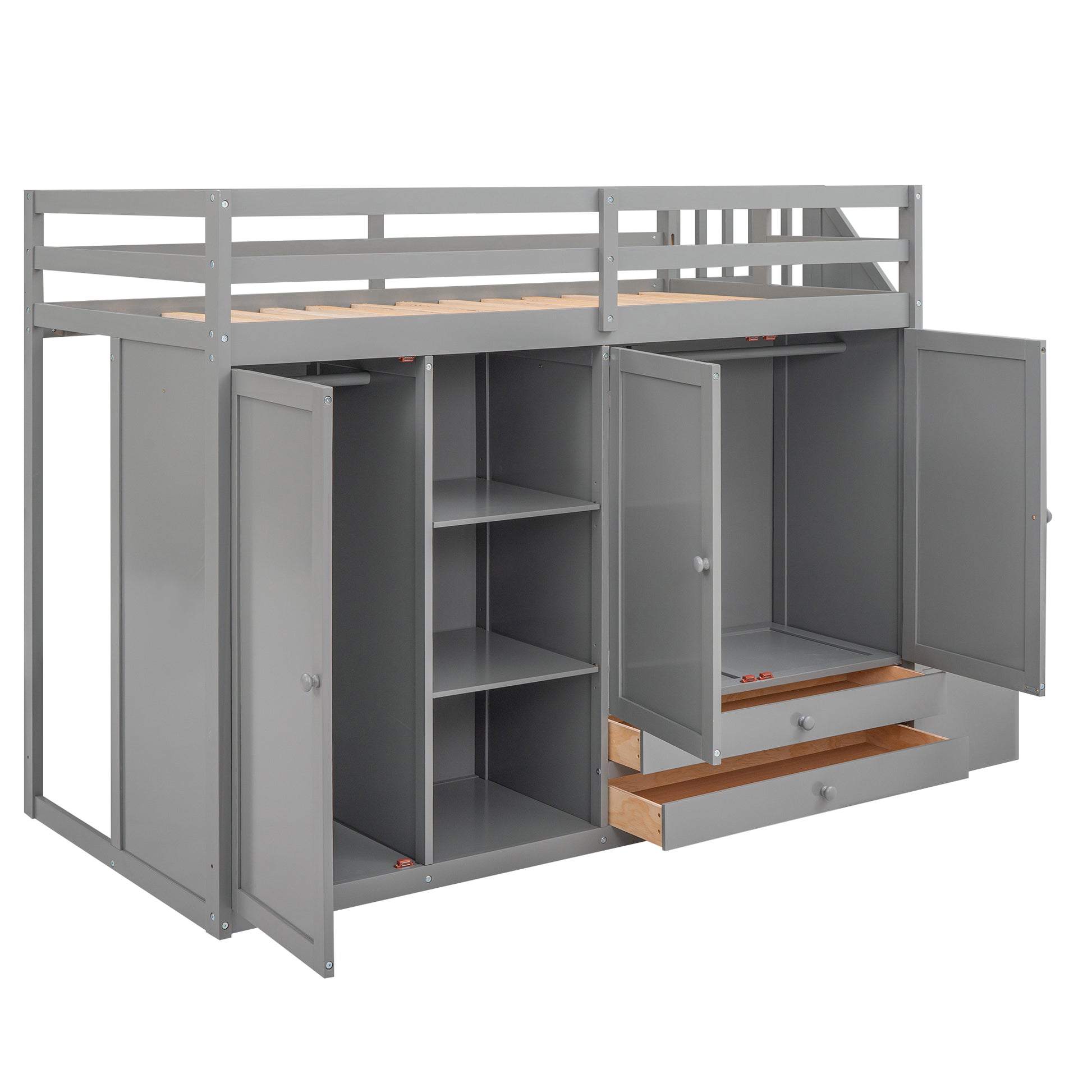 Gray loft bed with integrated wardrobe and drawers