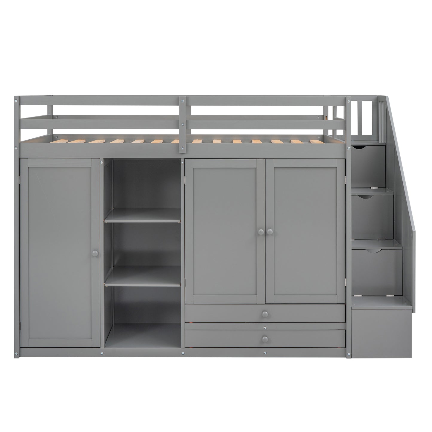 Gray wooden loft bed with integrated wardrobe and staircase storage