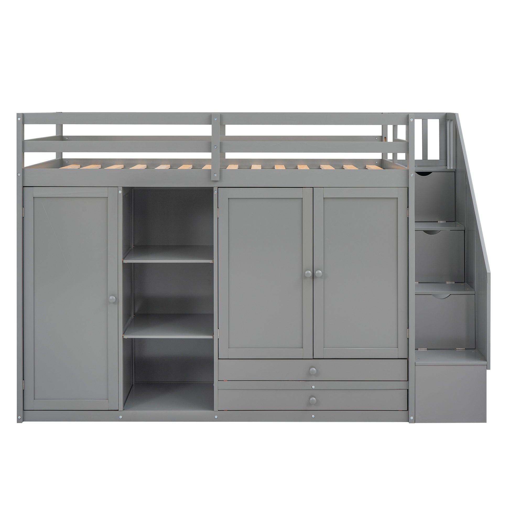 Gray wooden loft bed with integrated wardrobe and staircase storage