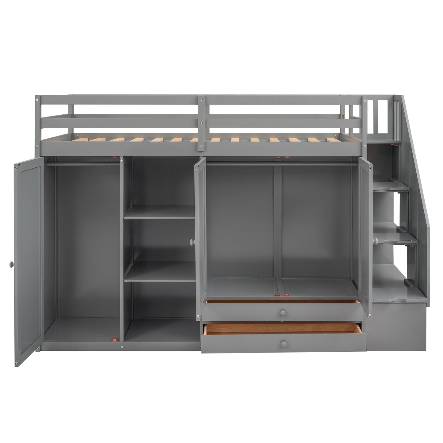 Gray loft bed with builtin wardrobe and stairs