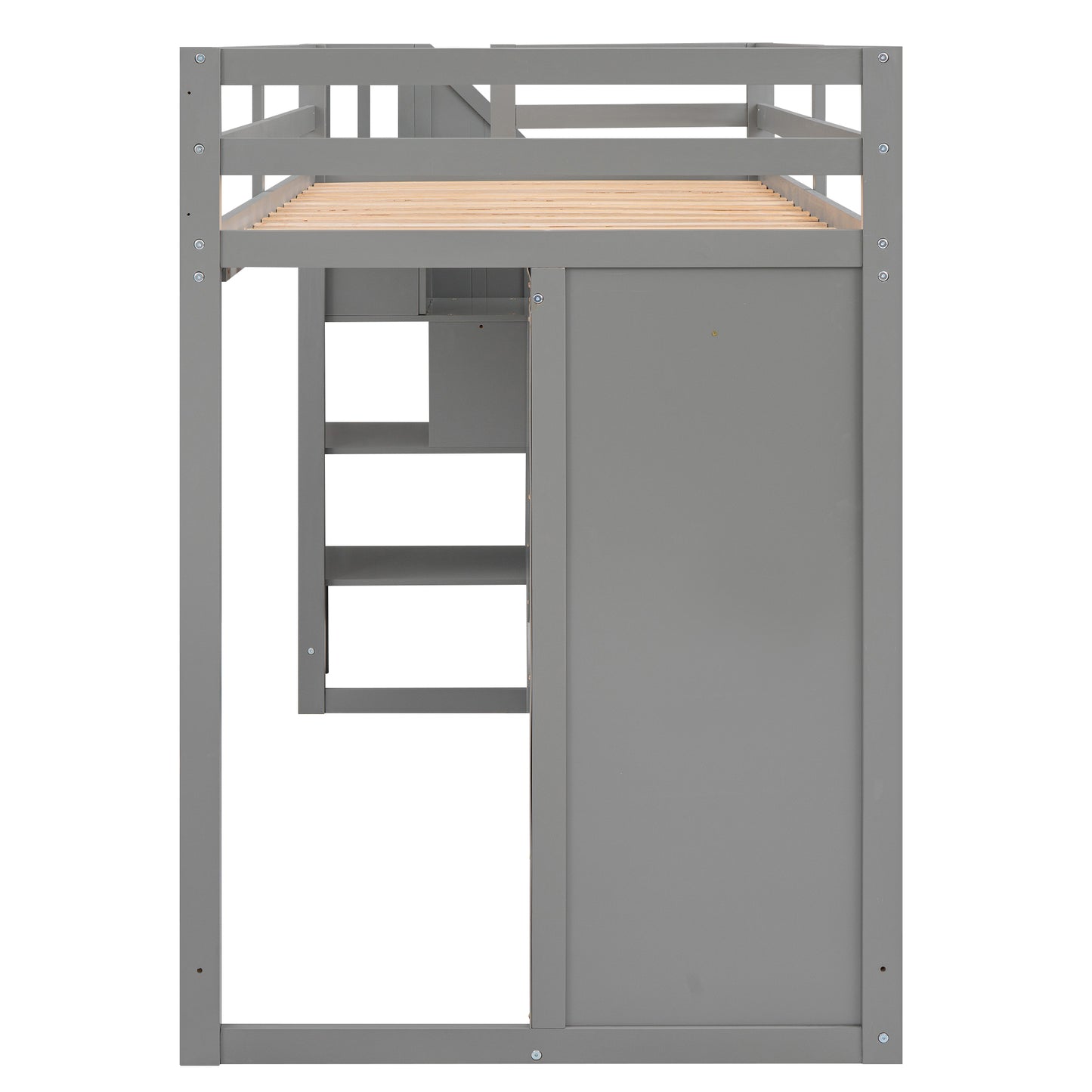 Gray wooden loft bed with integrated desk and shelves