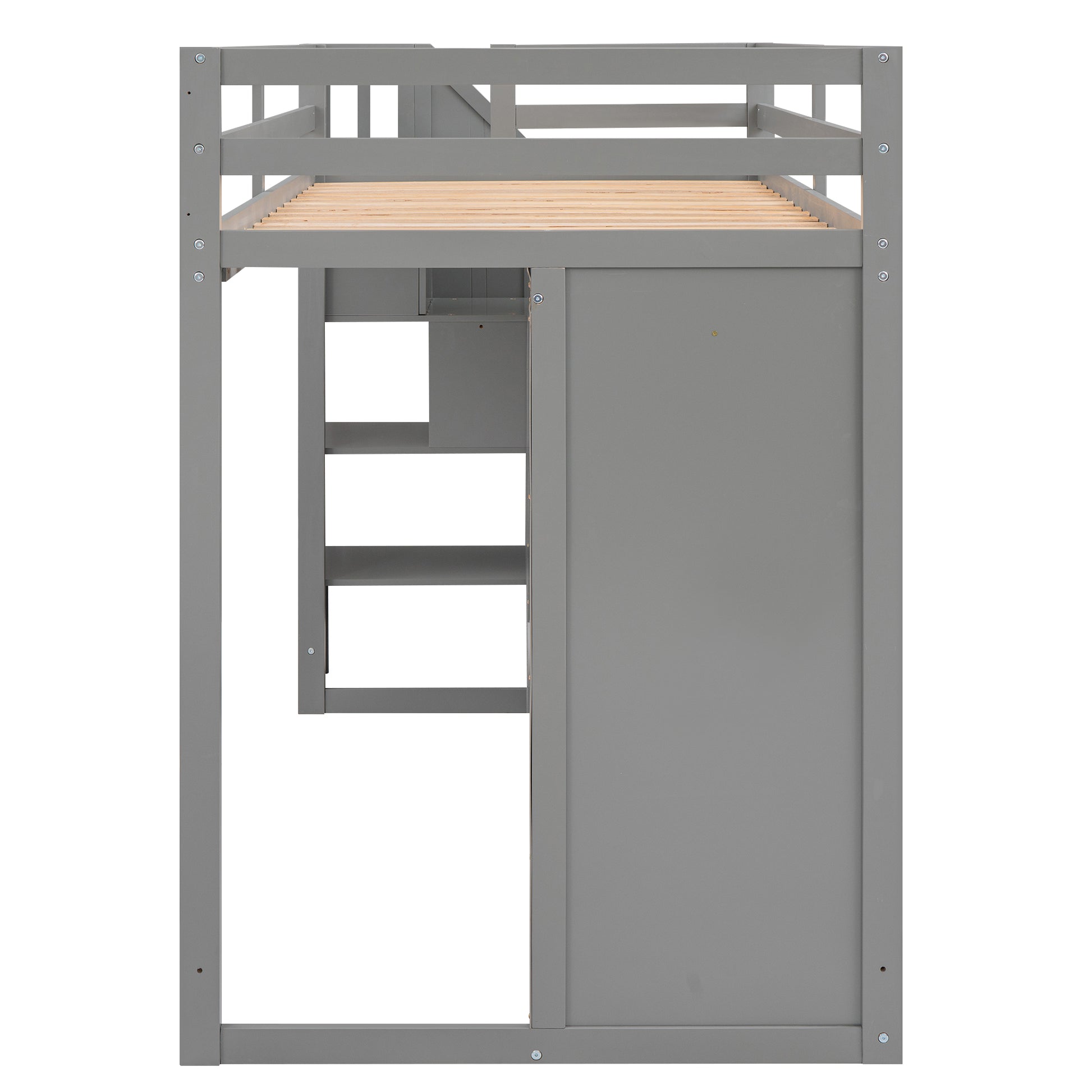 Gray wooden loft bed with integrated desk and shelves