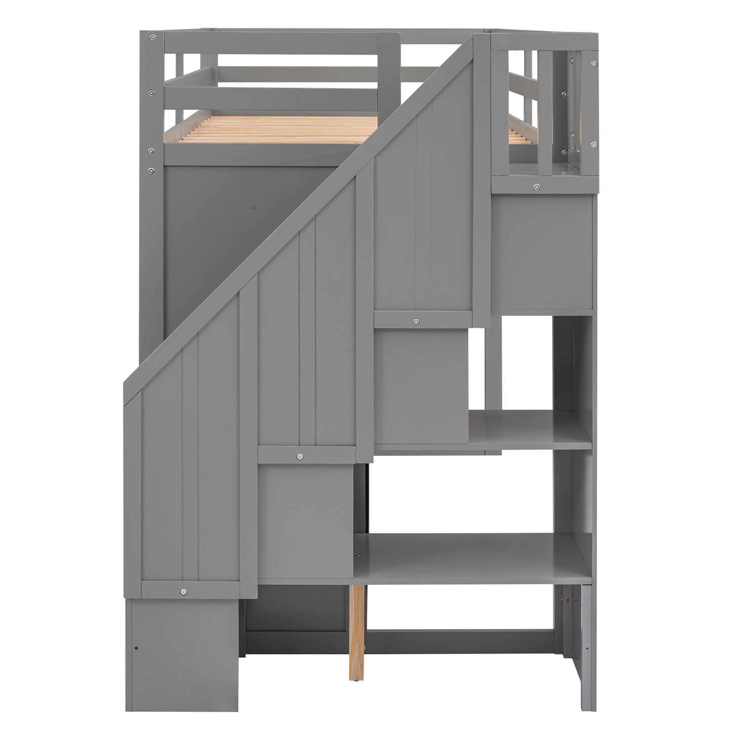 Gray wooden loft bed with stairs and storage shelves for kids