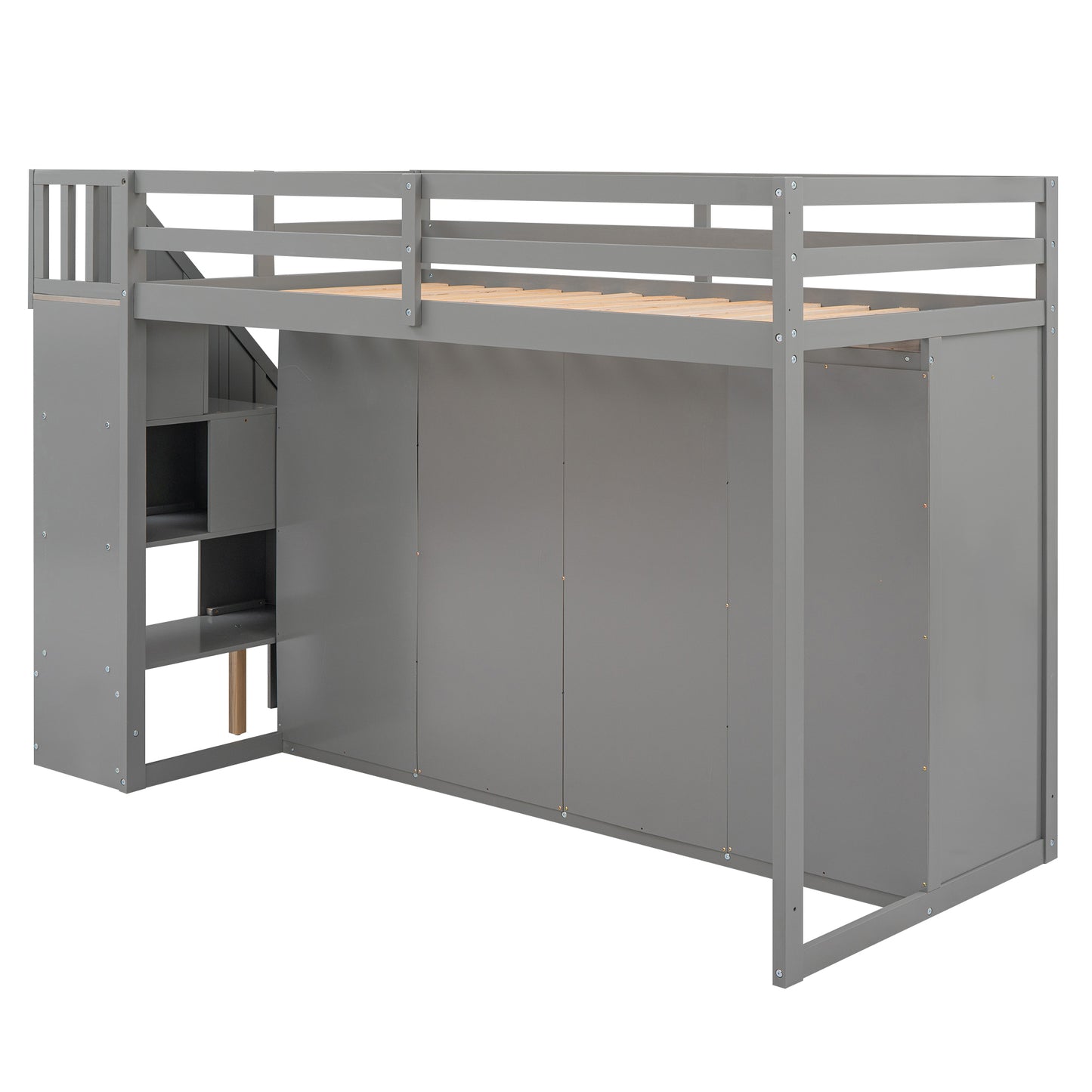 Gray loft bed with integrated storage and stairs