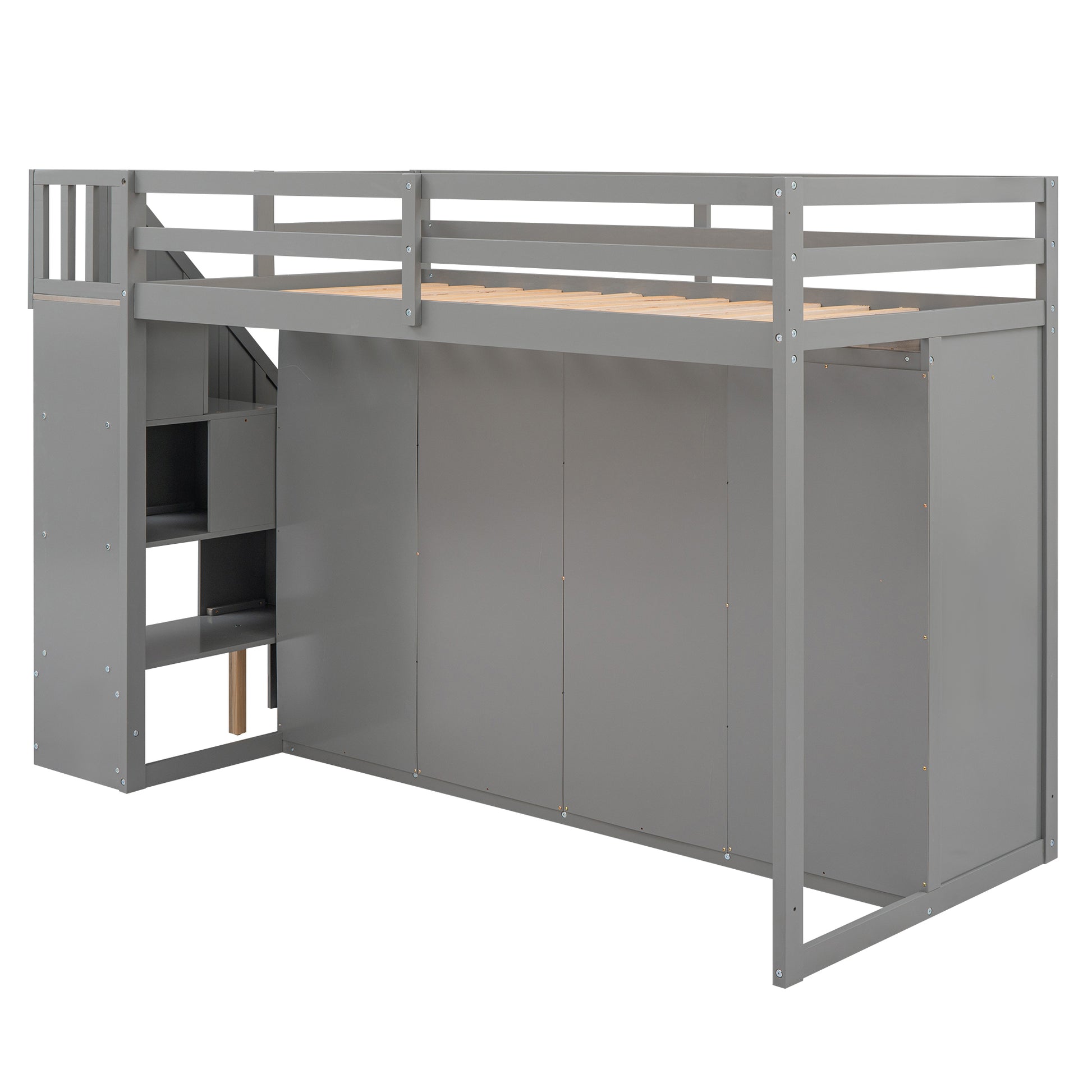 Gray loft bed with integrated storage and stairs