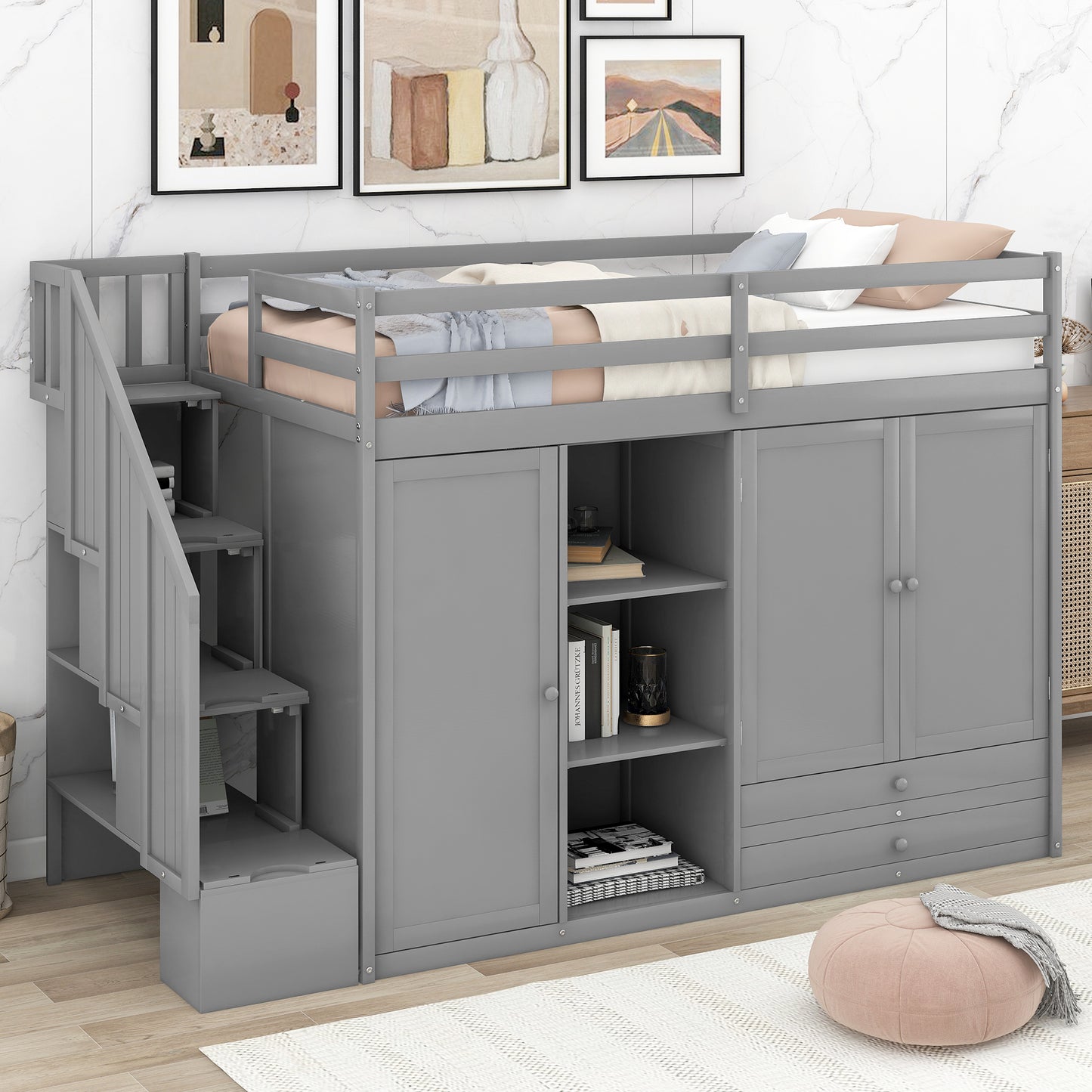 Gray wooden loft bed with builtin storage cabinets and stairs