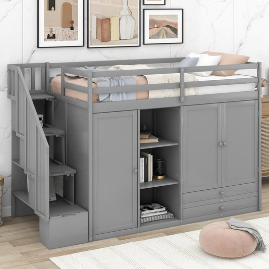 Gray wooden loft bed with builtin storage cabinets and stairs