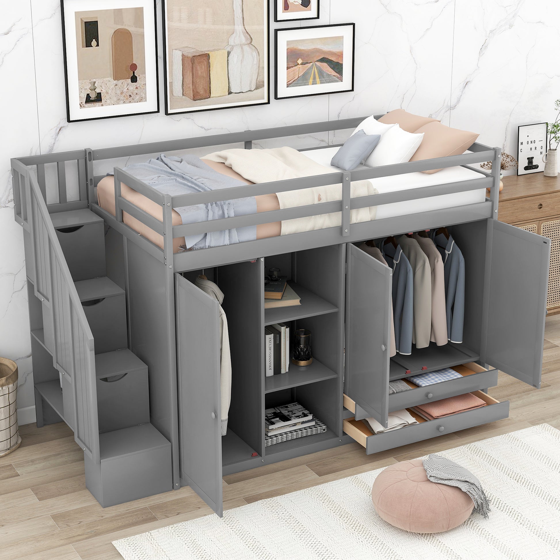 Gray loft bed with stairs and integrated wardrobe storage for kids