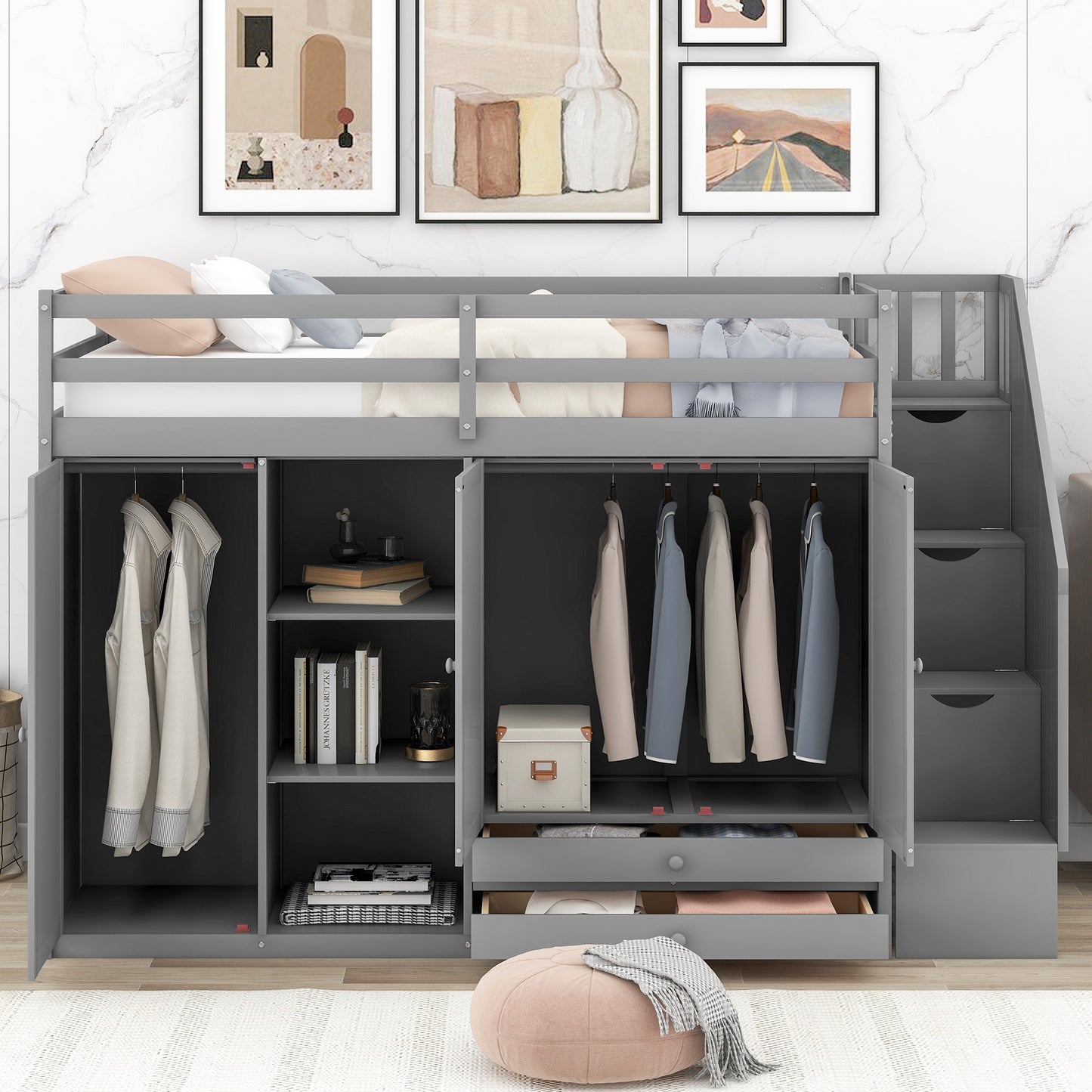 Gray loft bed with integrated wardrobe and drawers