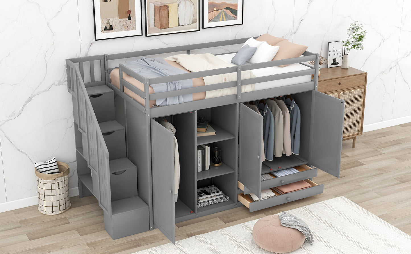 Gray loft bed with builtin storage ideal for kids bedrooms