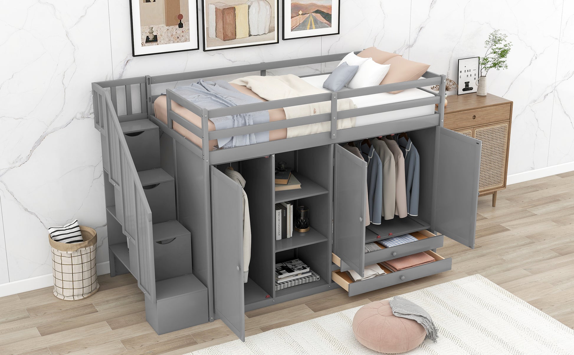 Gray loft bed with builtin storage ideal for kids bedrooms