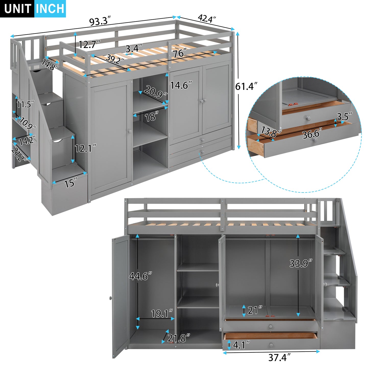 Grey loft bed with integrated wardrobe and drawers
