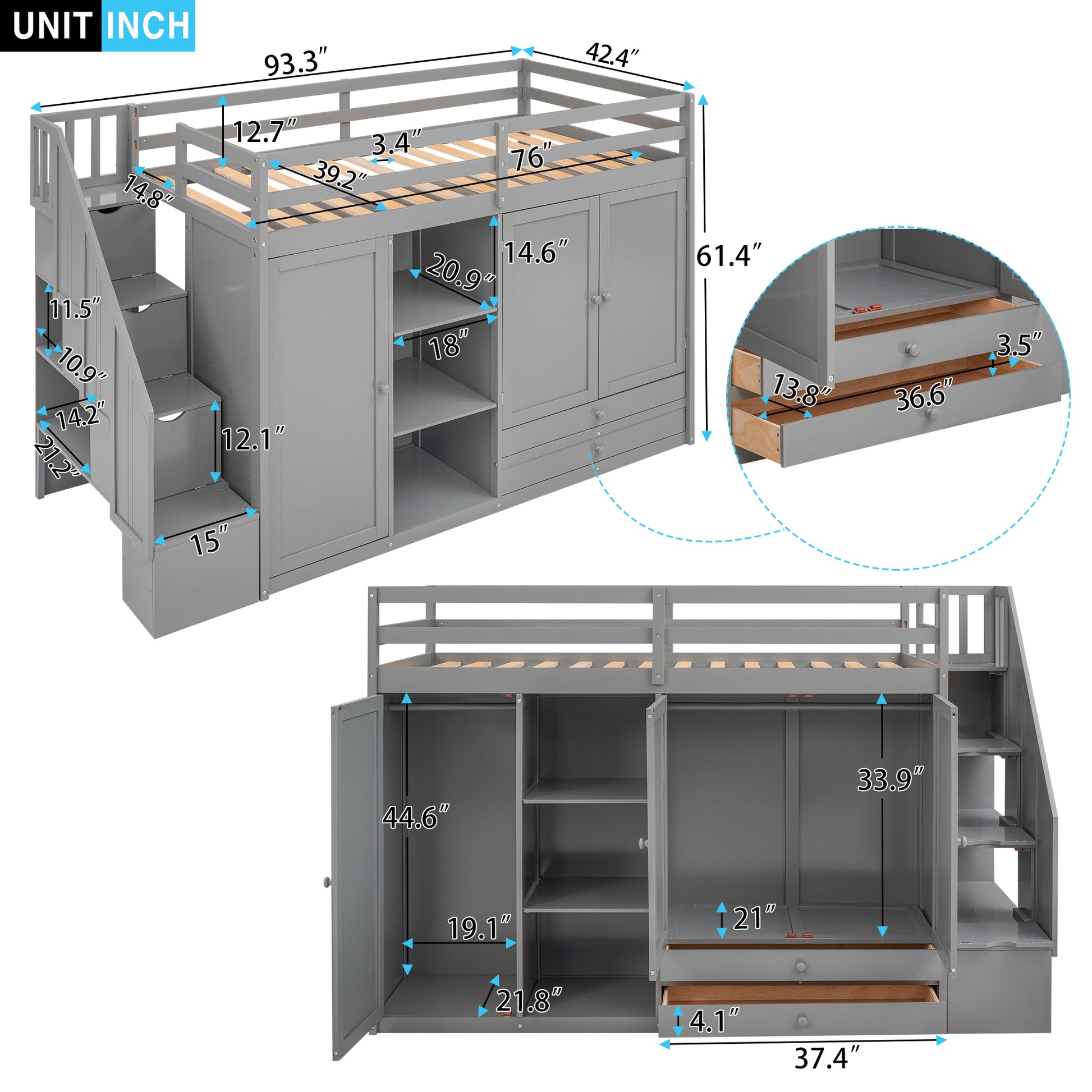 Grey loft bed with integrated wardrobe and drawers