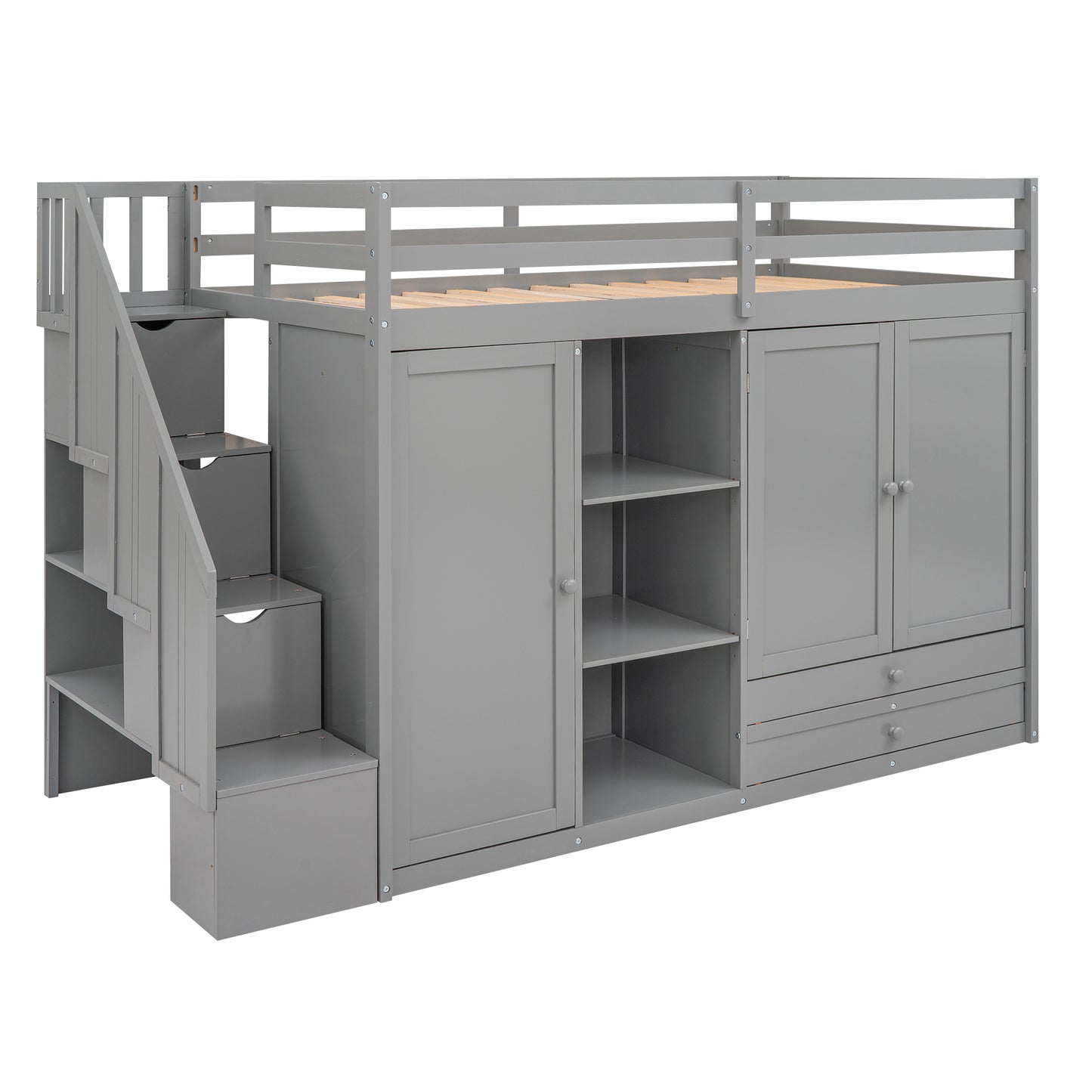 Gray loft bed with stairs and storage