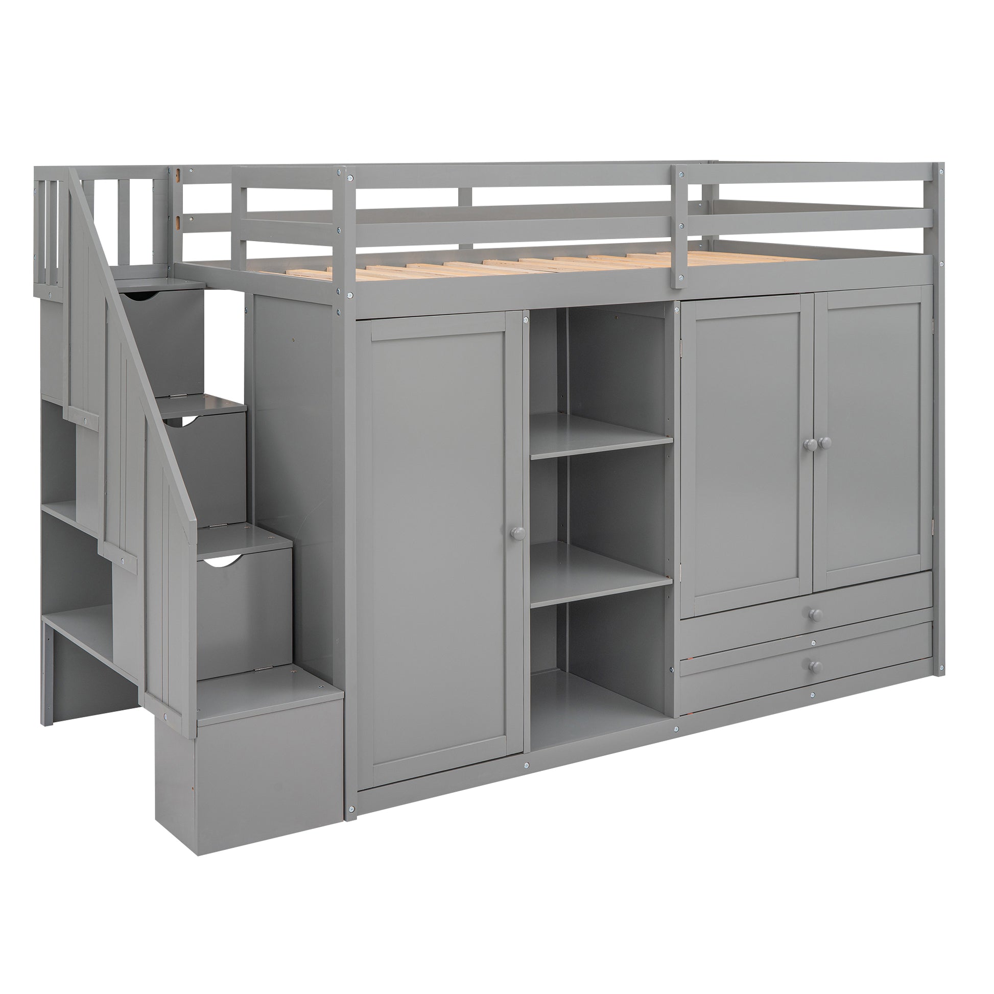 Gray loft bed with stairs and storage