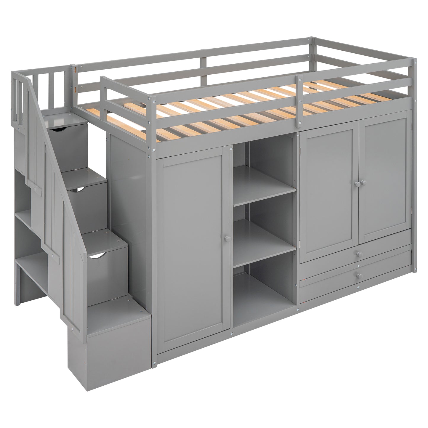 Grey loft bed with storage drawers and shelves