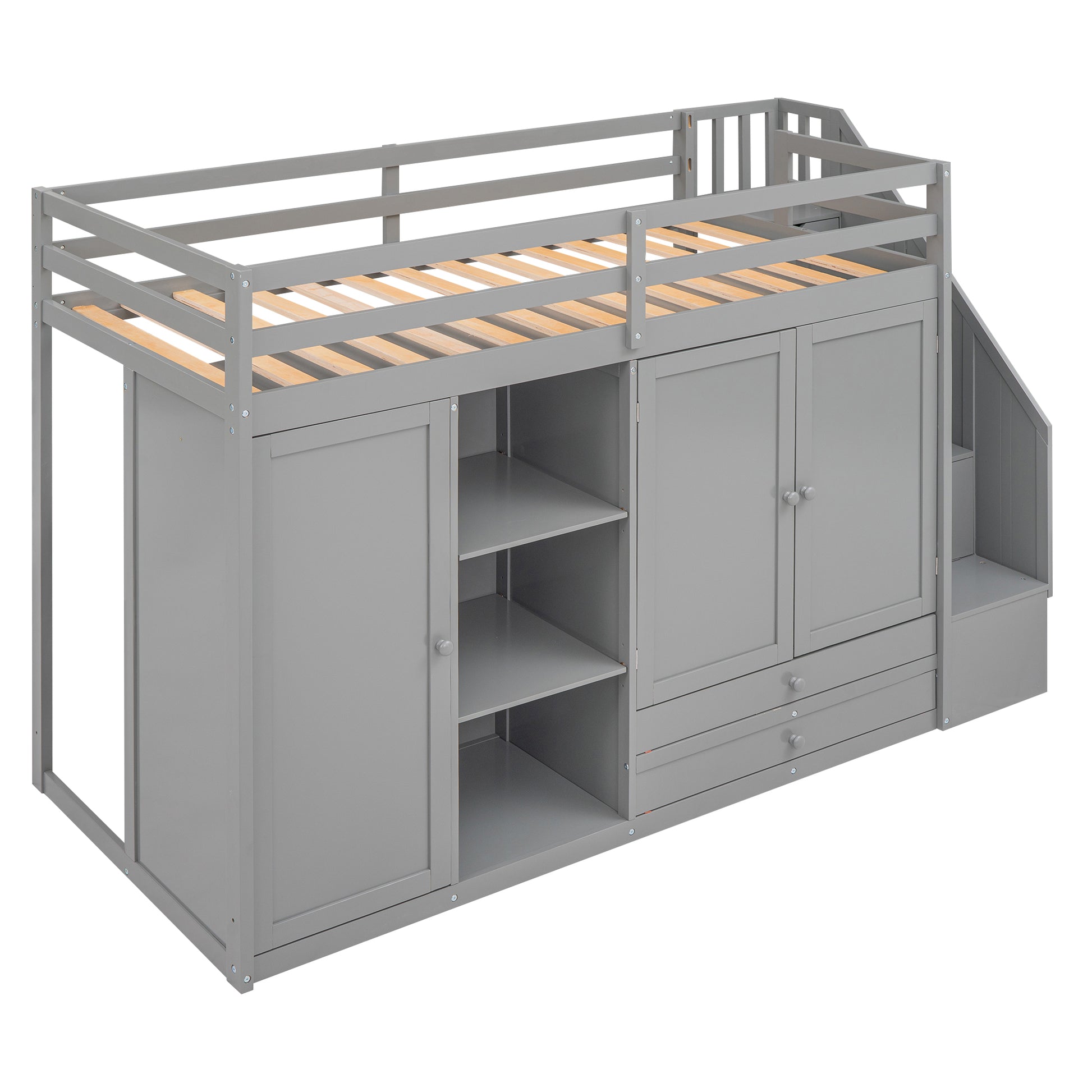 Gray loft bed with storage cabinets and stairs