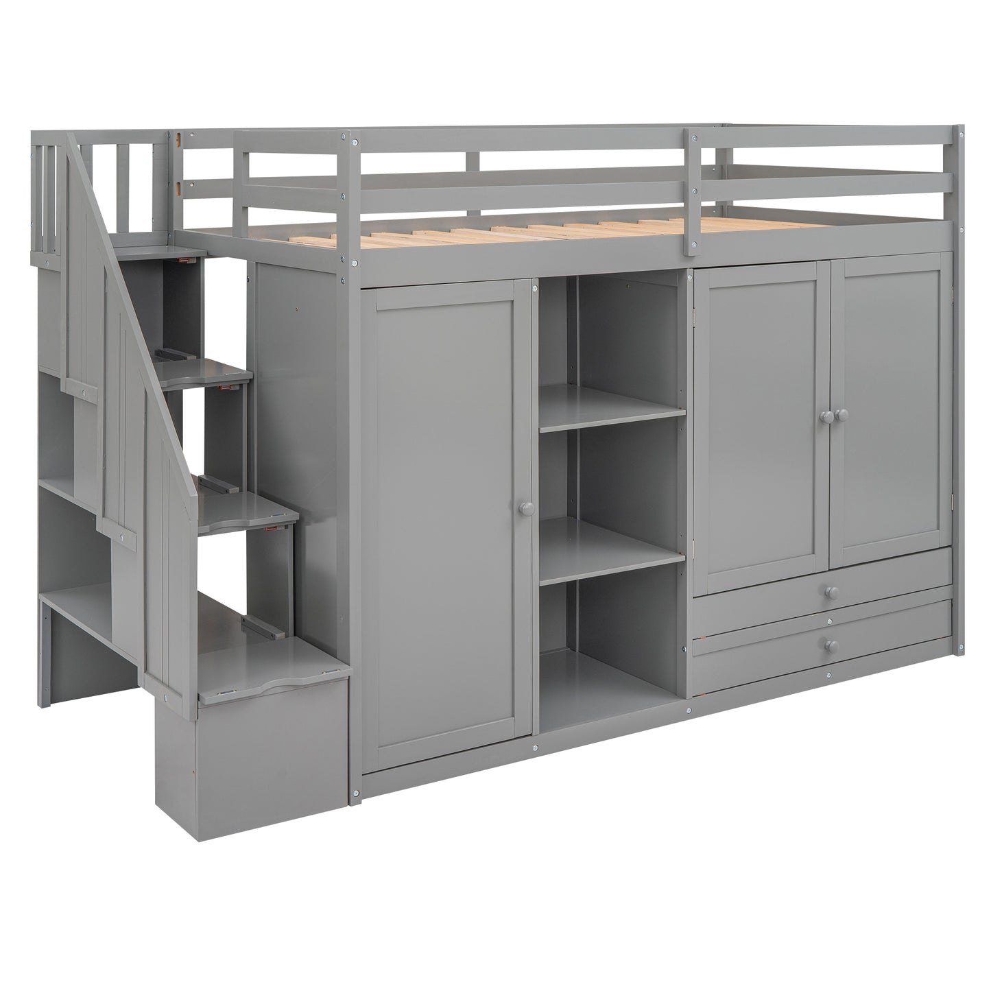 Gray loft bed with stairs wardrobe and drawers for kids room organization