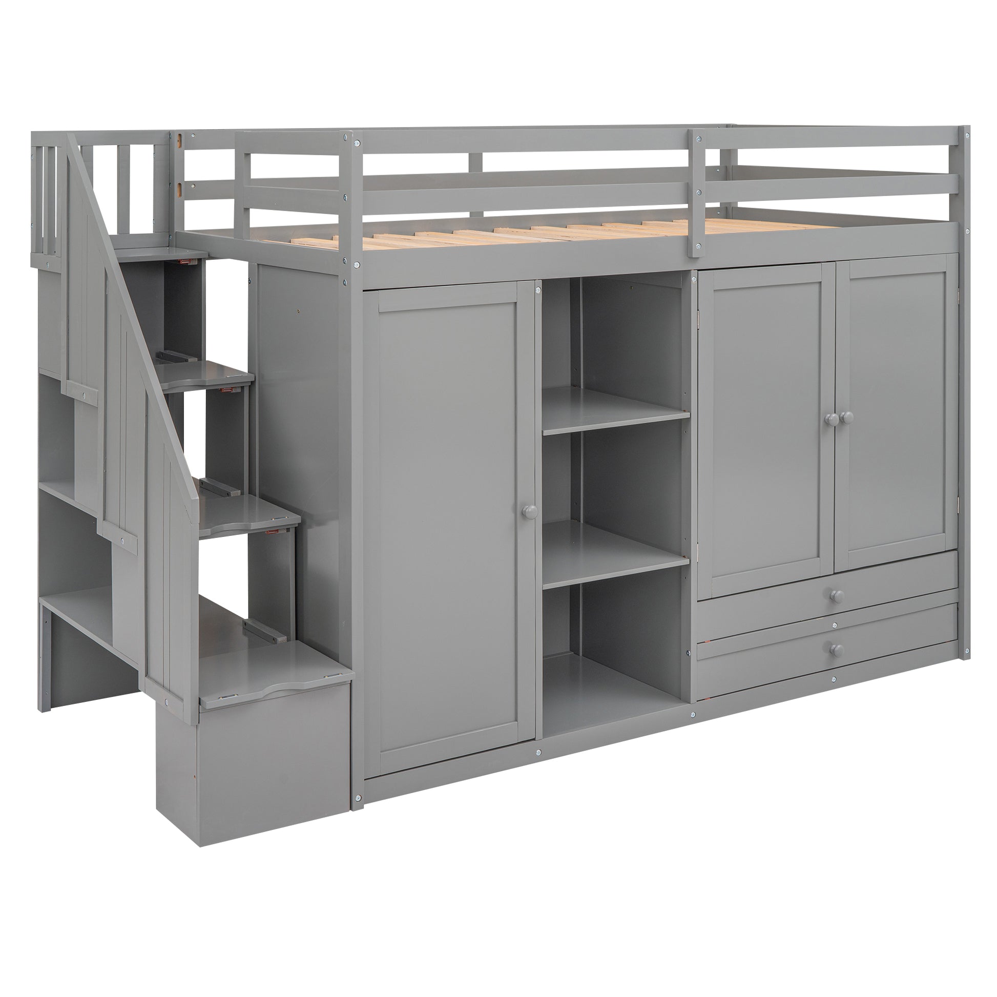 Gray loft bed with stairs wardrobe and drawers for kids room organization