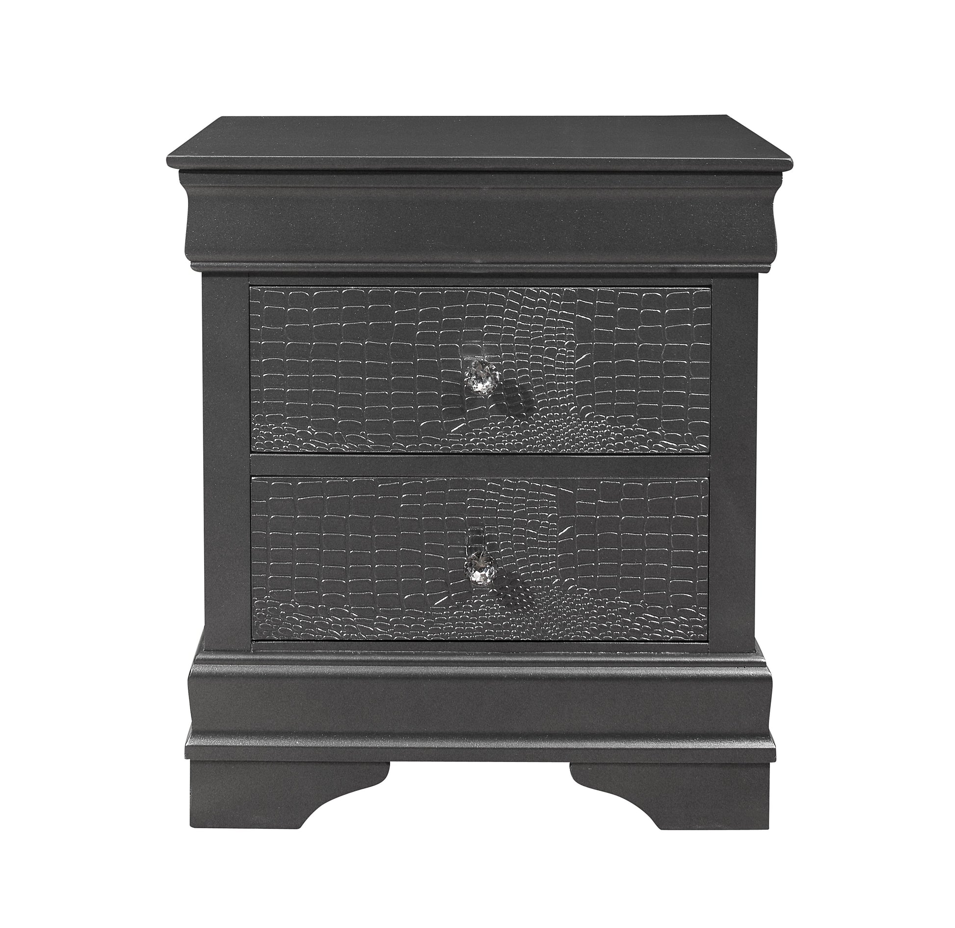 Dark gray twodrawer nightstand with crocodiletextured drawer fronts and crystal knobs