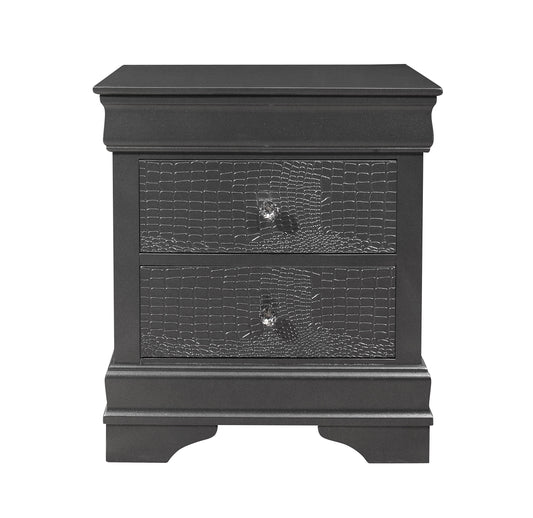 Dark gray twodrawer nightstand with crocodiletextured drawer fronts and crystal knobs