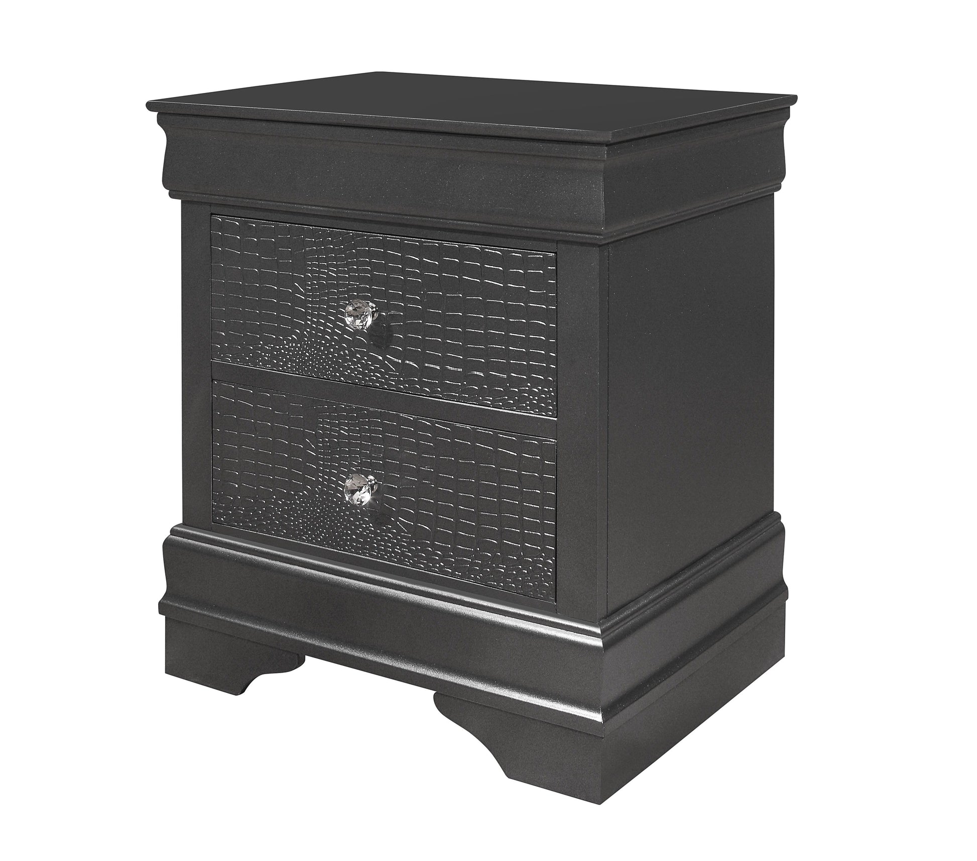 Dark gray faux alligator skin nightstand with crystal knobs