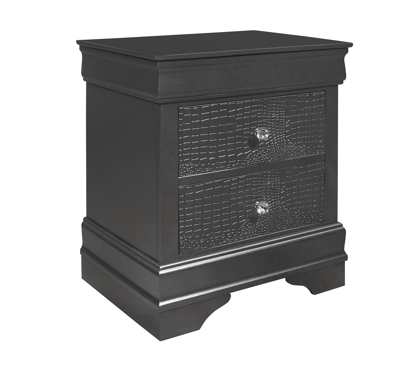 Dark gray modern nightstand with crocembossed drawers and crystal knobs
