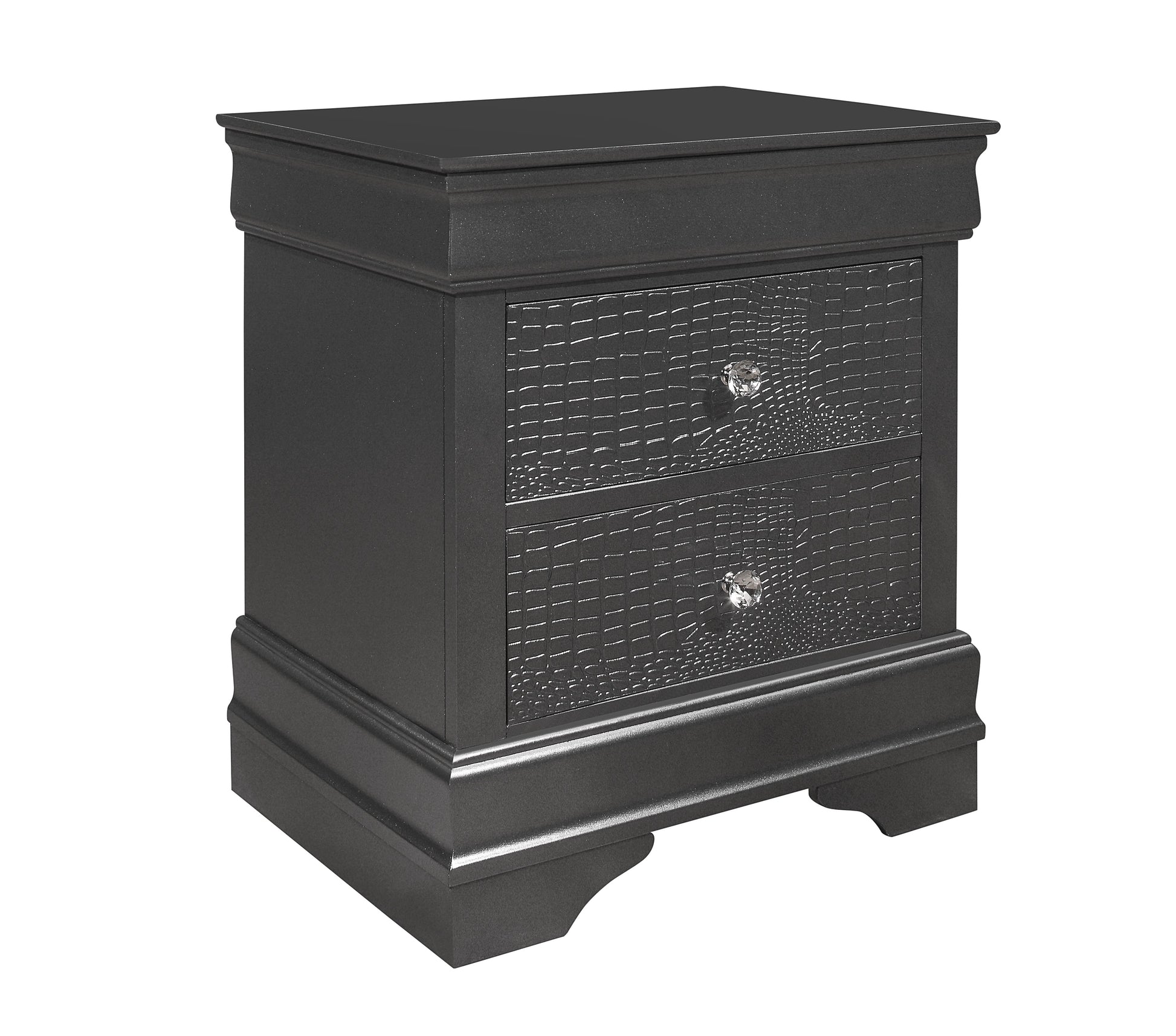 Dark gray modern nightstand with crocembossed drawers and crystal knobs