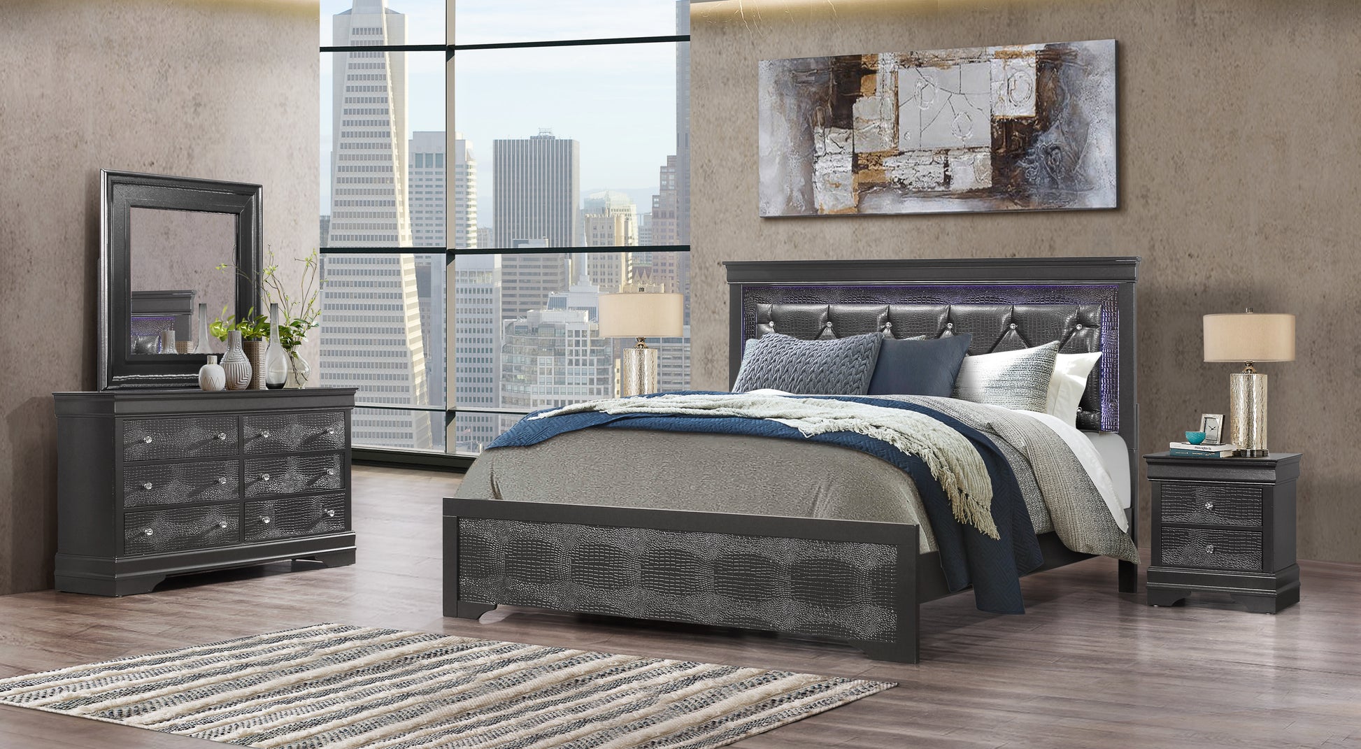Dark grey faux croc upholstered king bed with LED headboard and crystal buttons