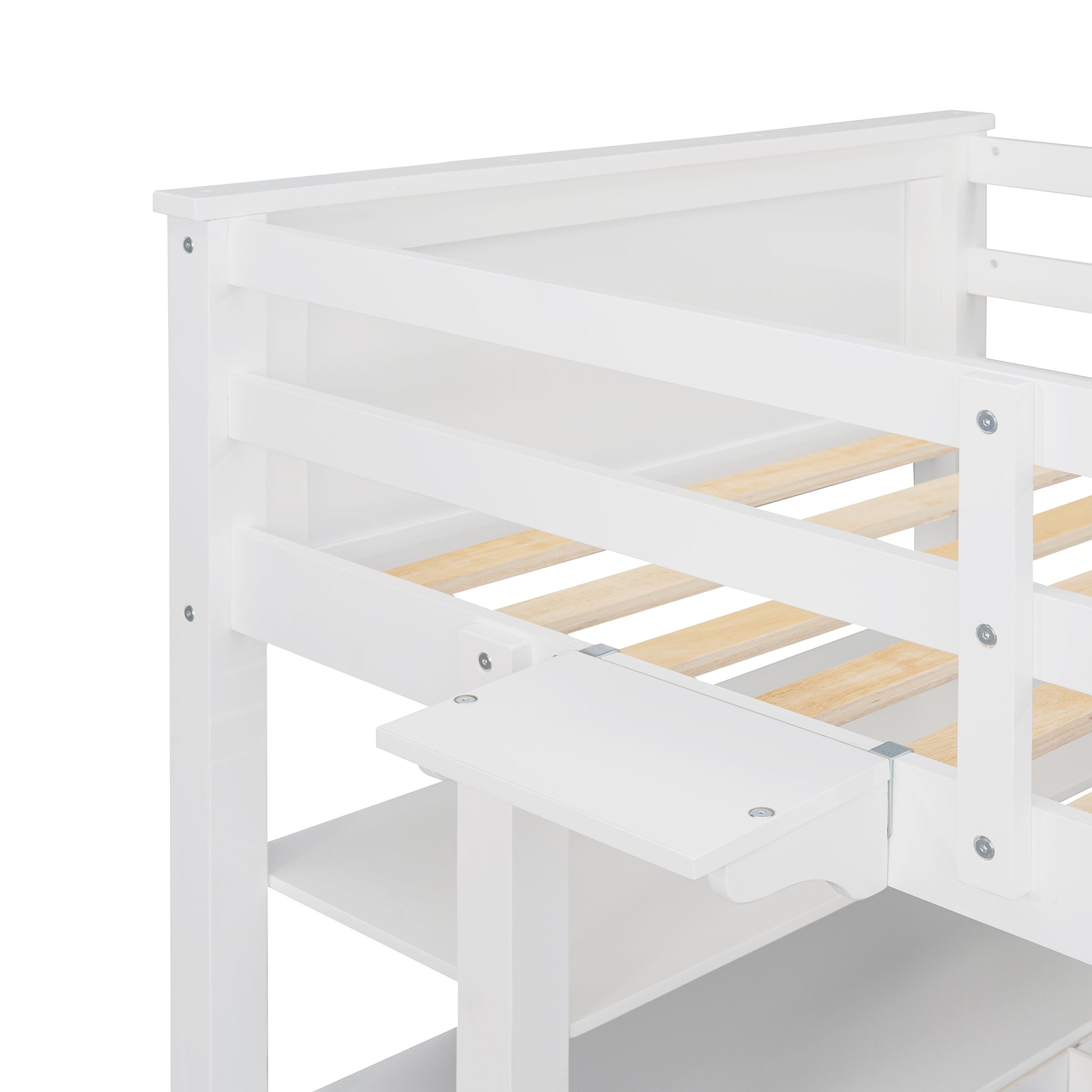 White wooden loft bed frame detail with integrated desk and shelves