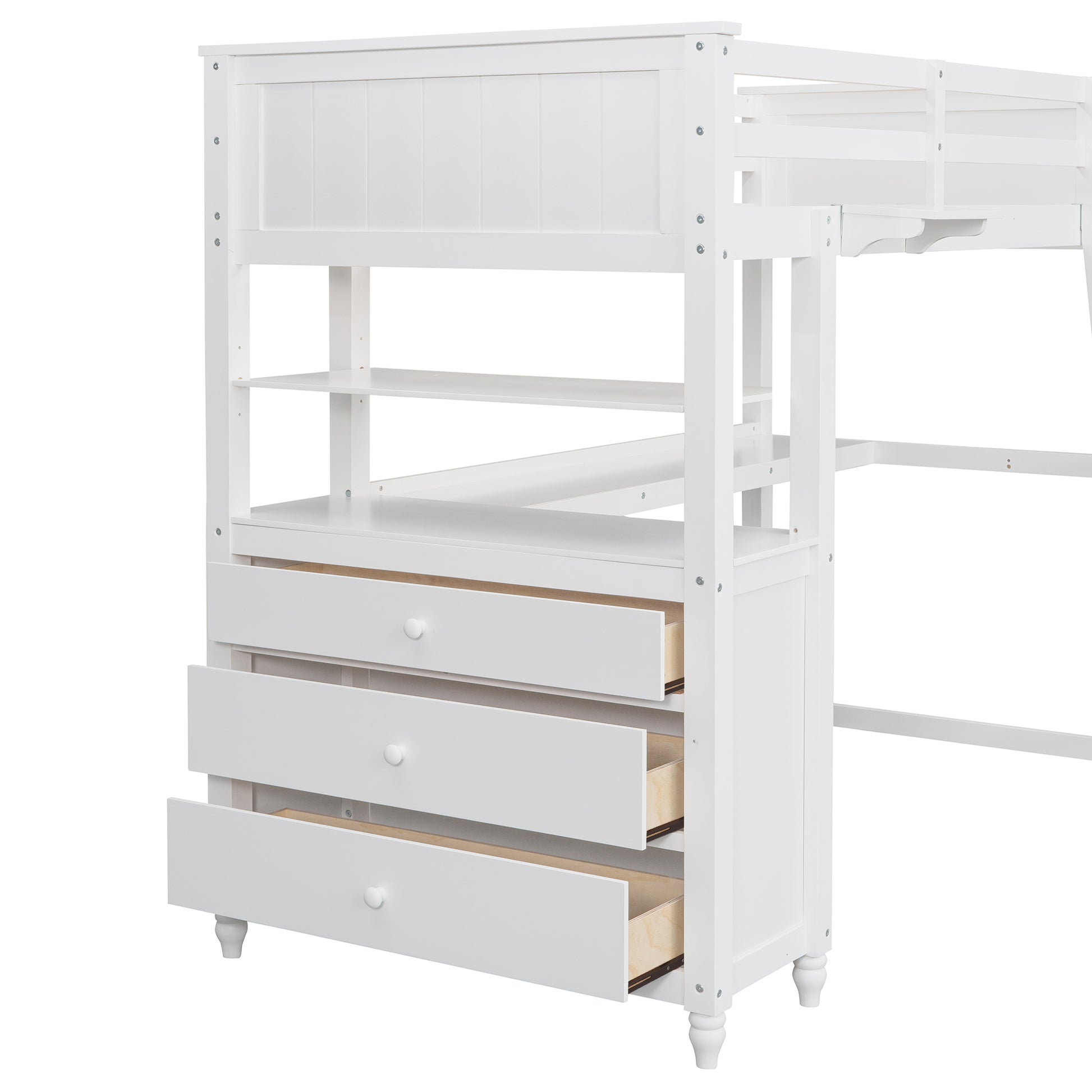 White loft bed frame with three drawers and shelves