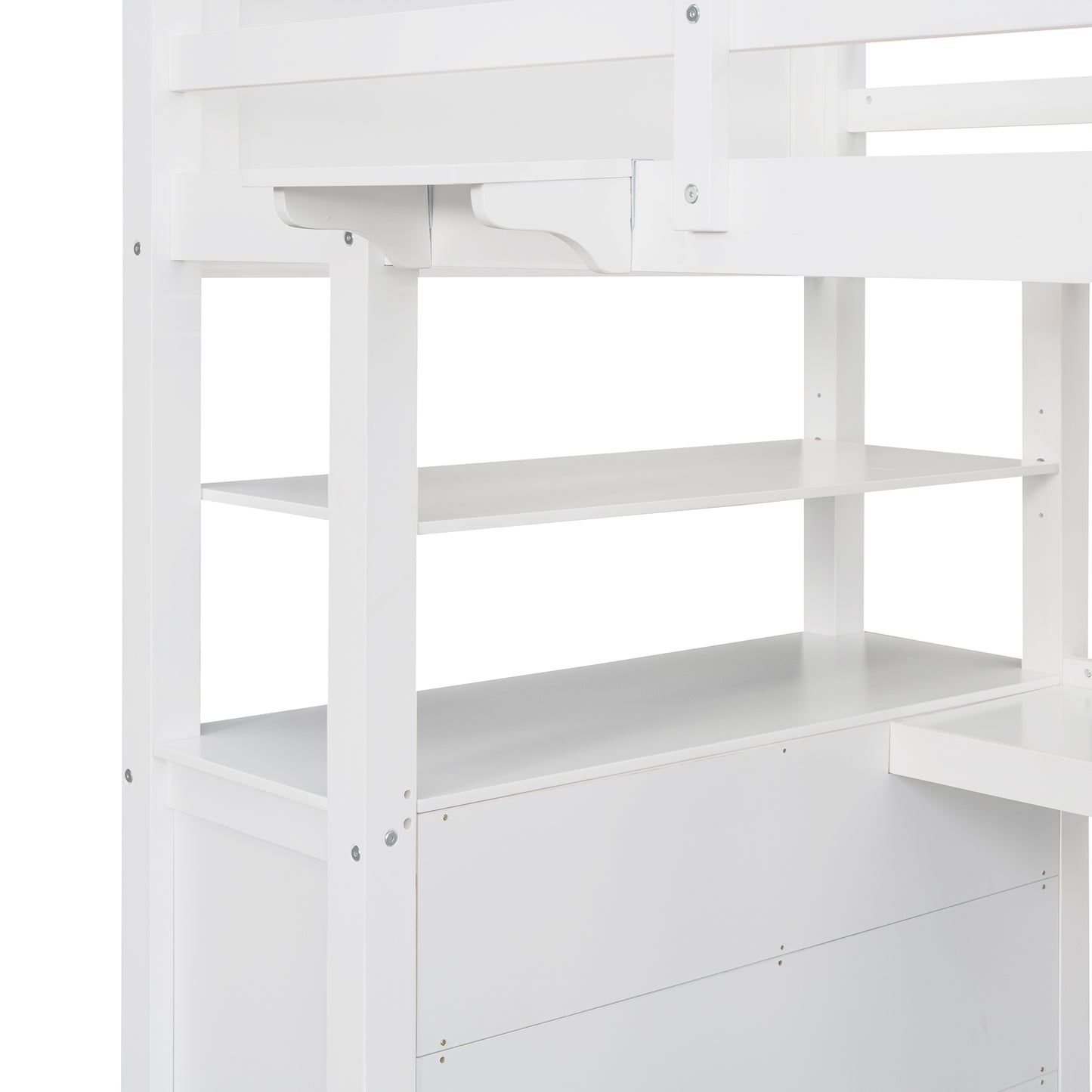 White loft bed with desk and shelving