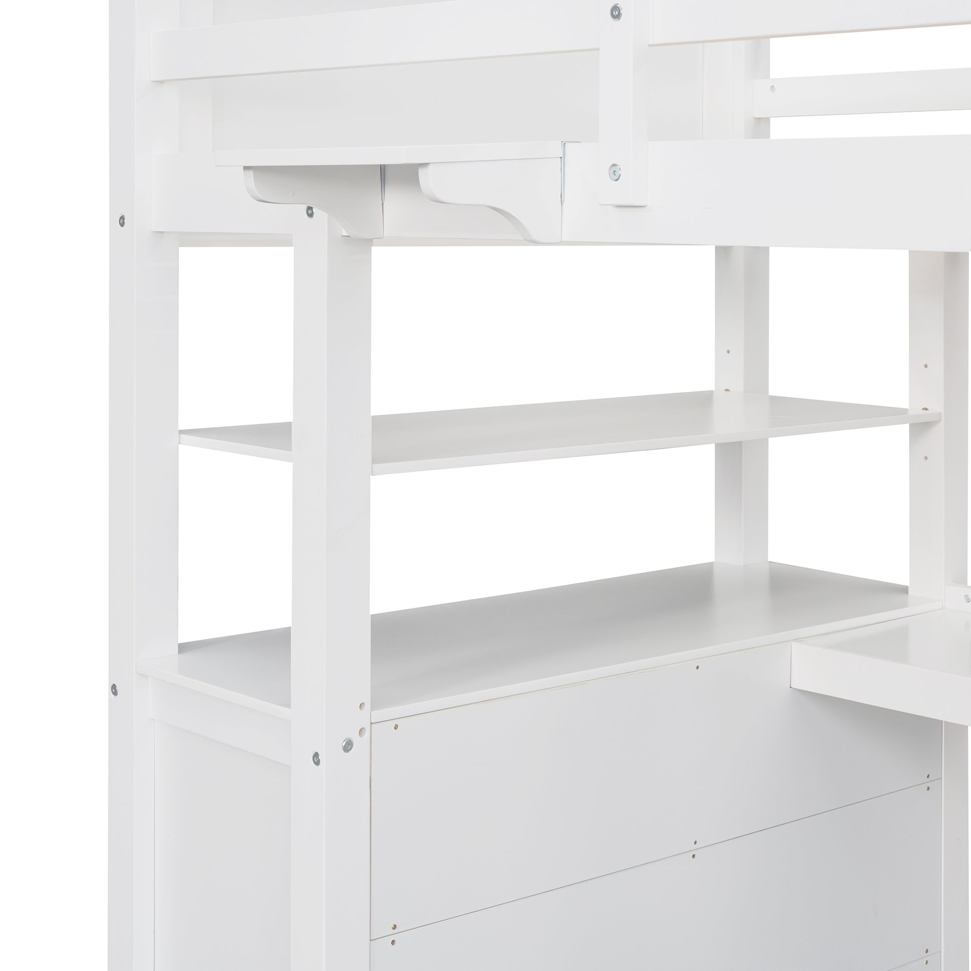White loft bed with desk and shelving