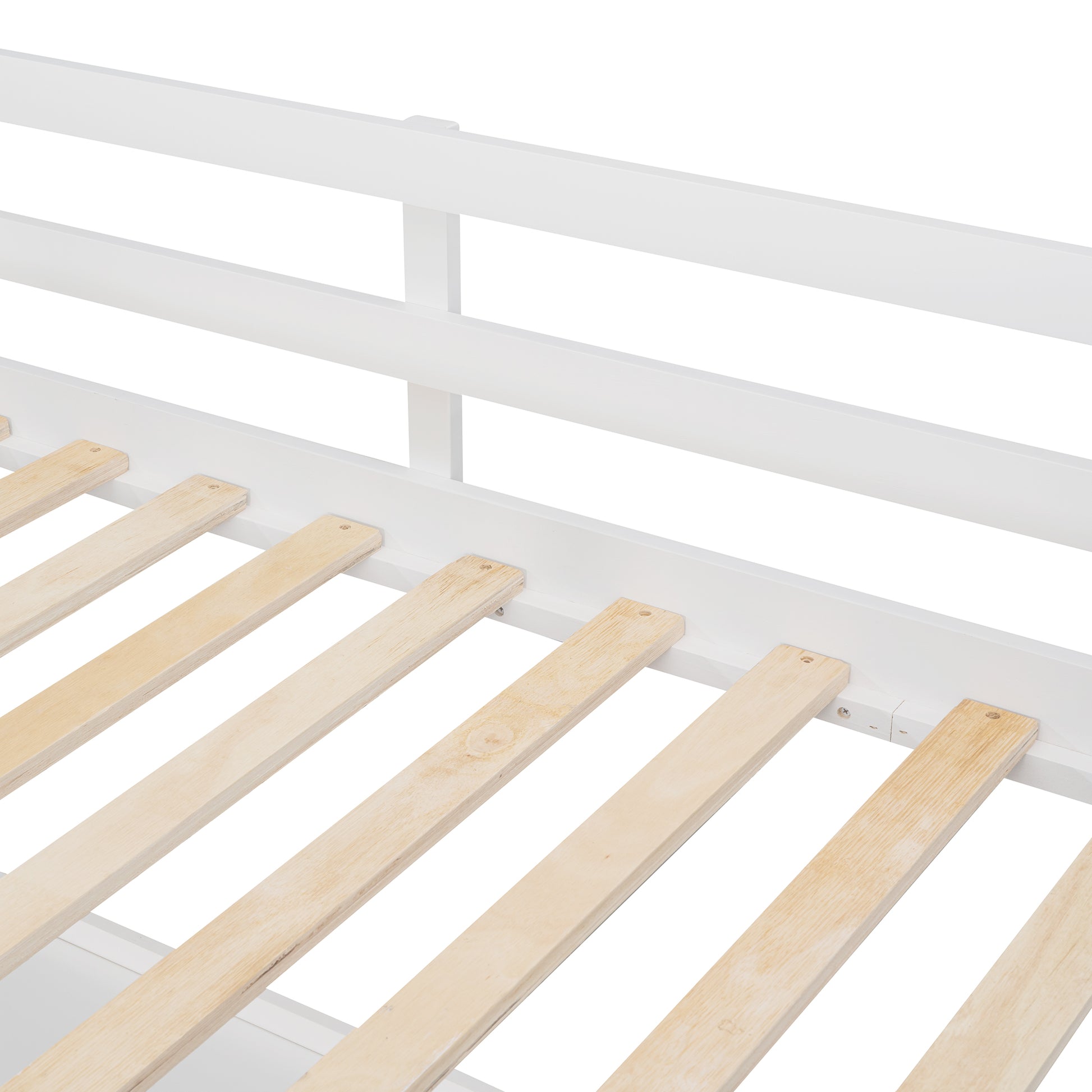 White wooden bed frame with natural wood slats