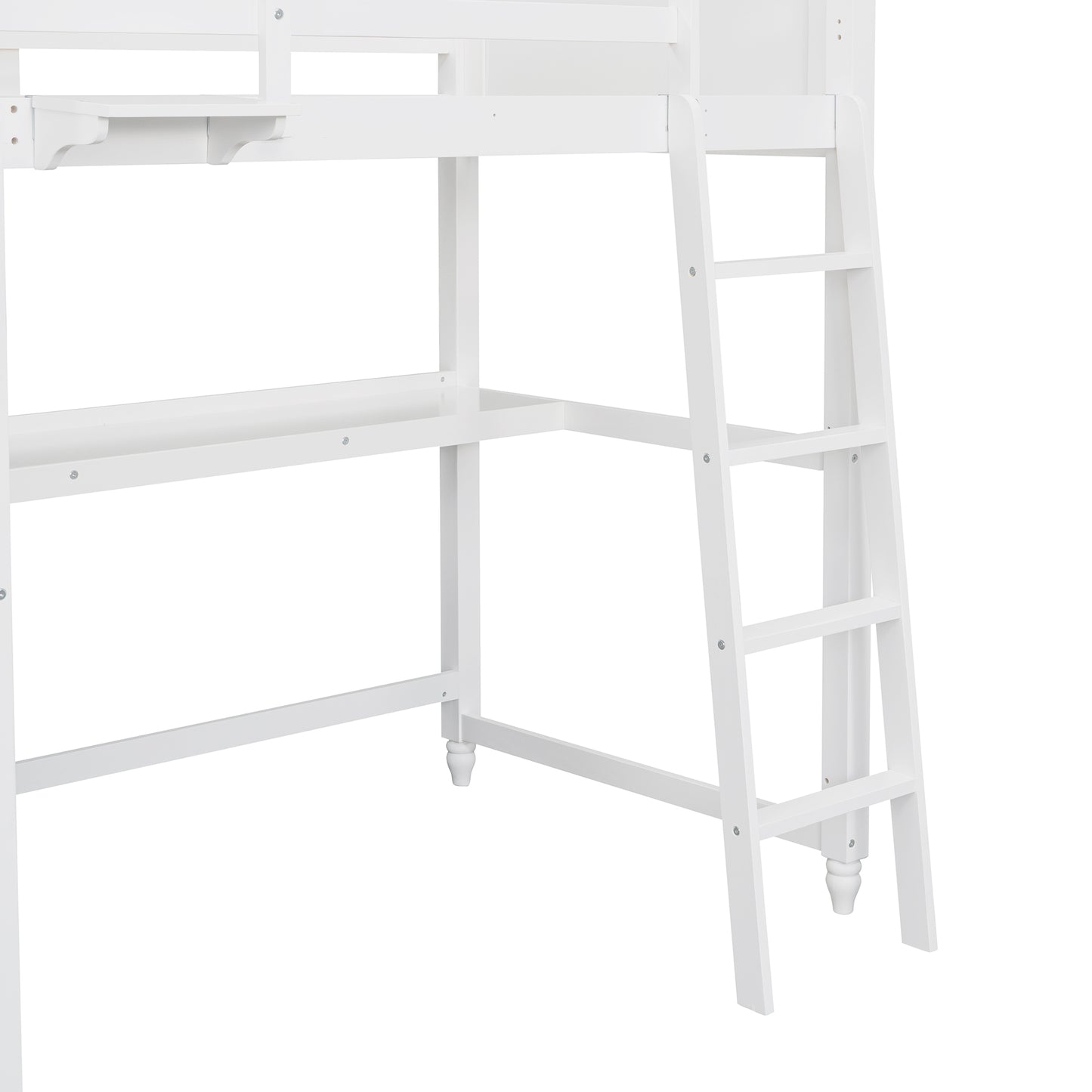 White loft bed ladder and desk frame with builtin shelf