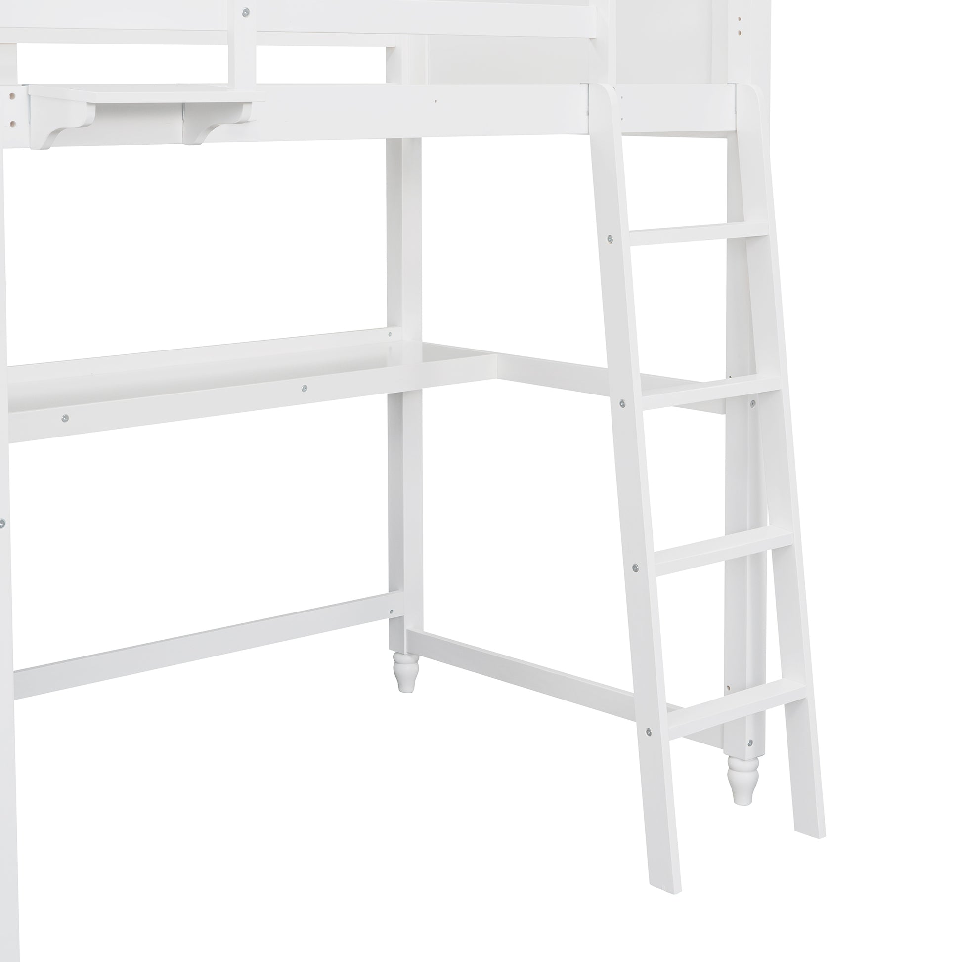 White loft bed ladder and desk frame with builtin shelf