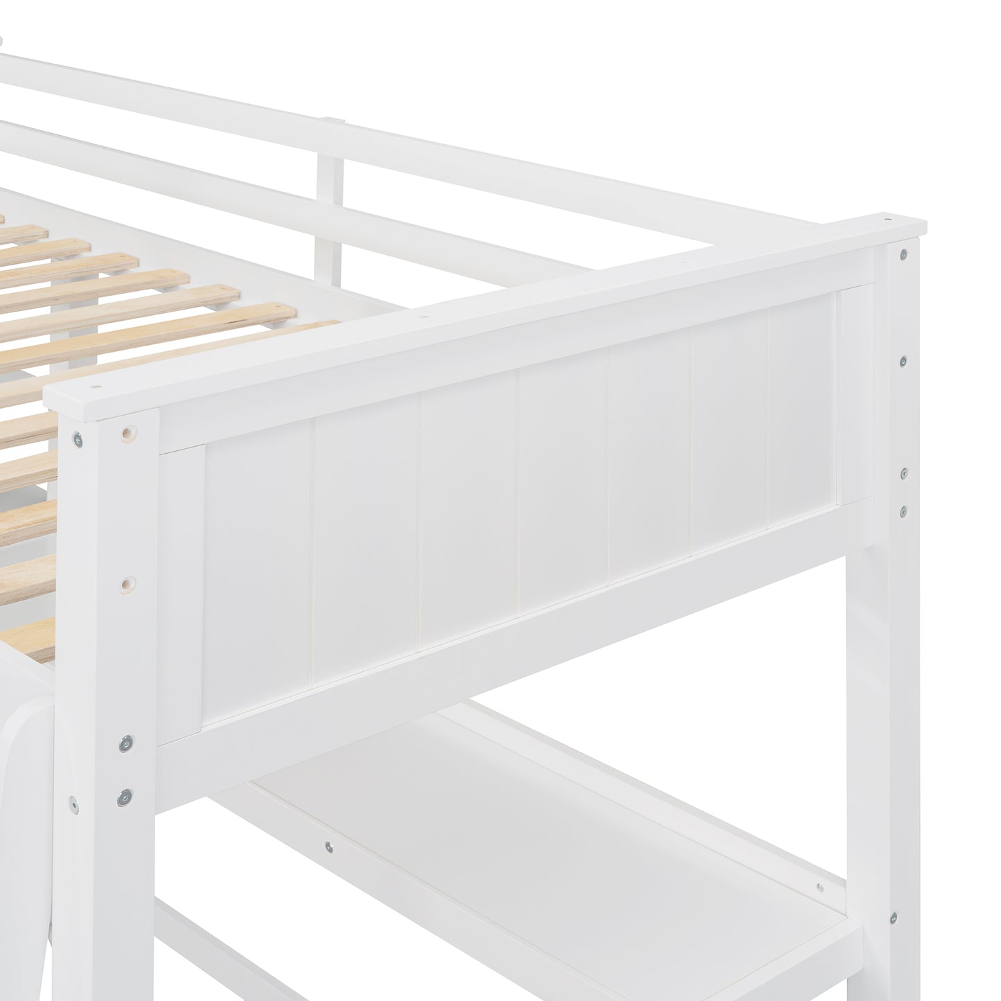 White wooden loft bed frame detail with slatted base