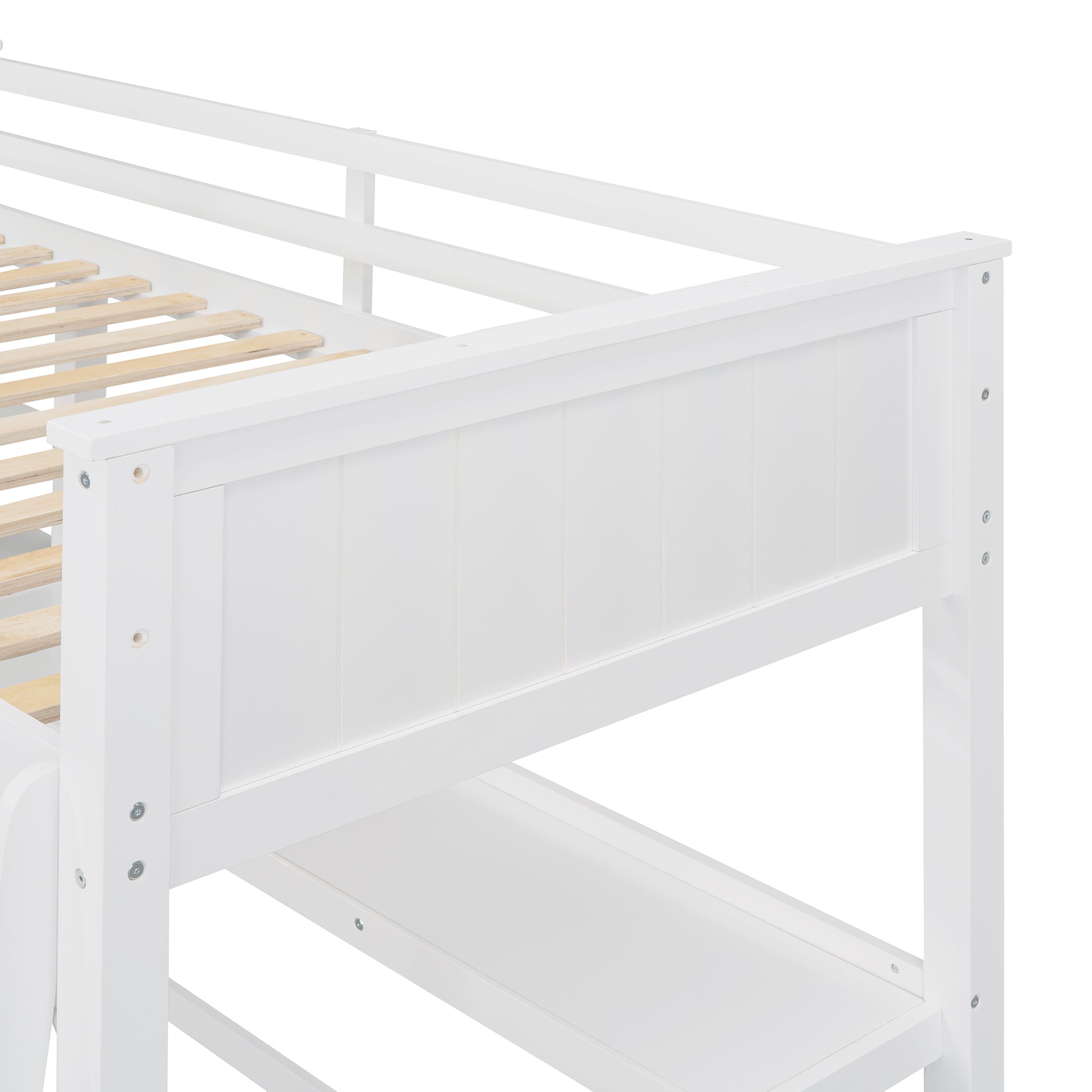 White wooden loft bed frame detail with slatted base