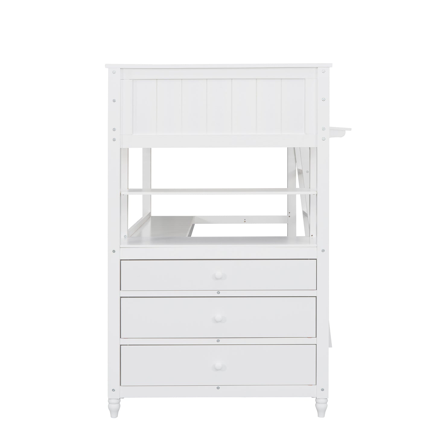 White loft bed frame with desk and three drawers