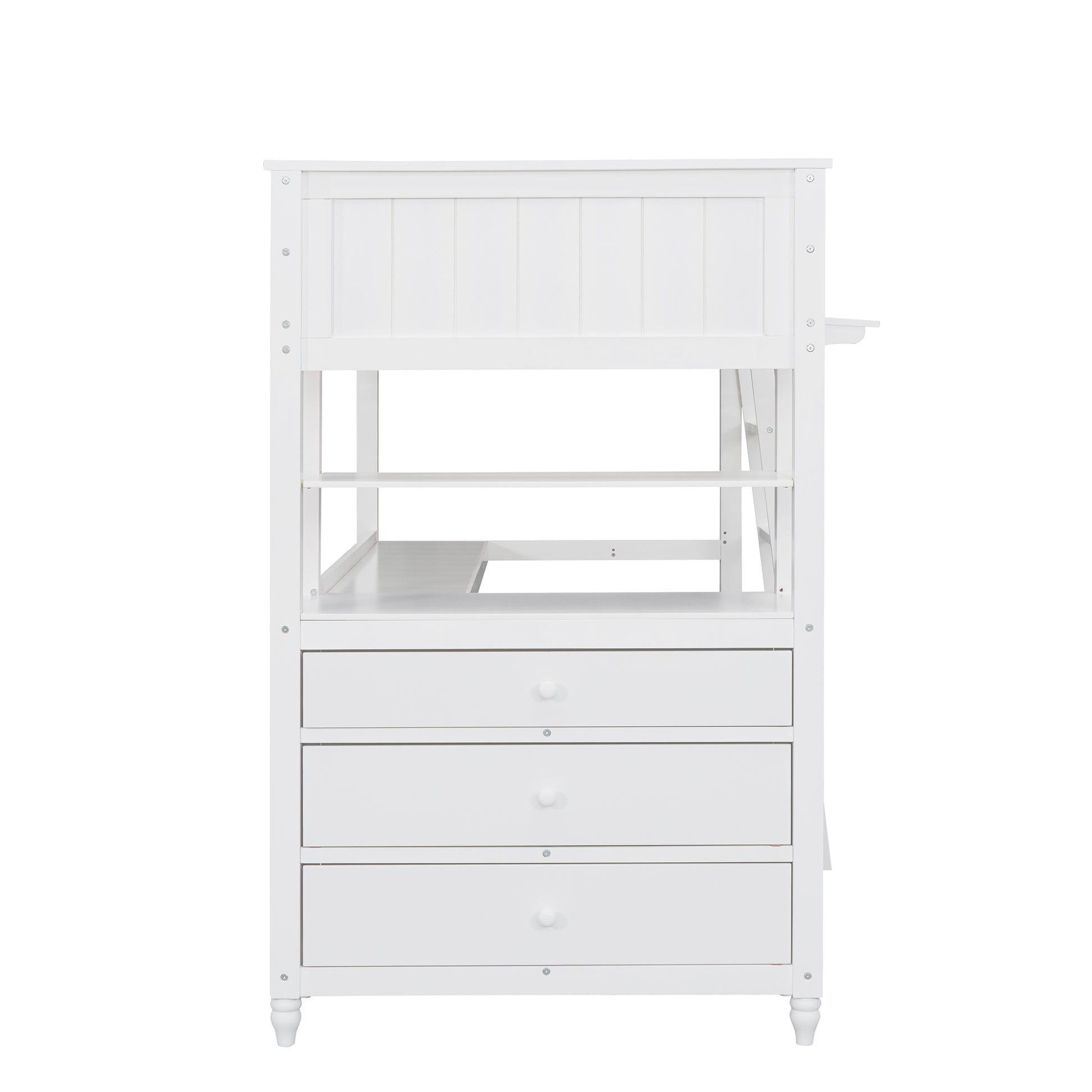 White loft bed frame with desk and three drawers