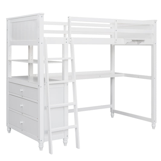 White wooden loft bed with integrated desk and drawers