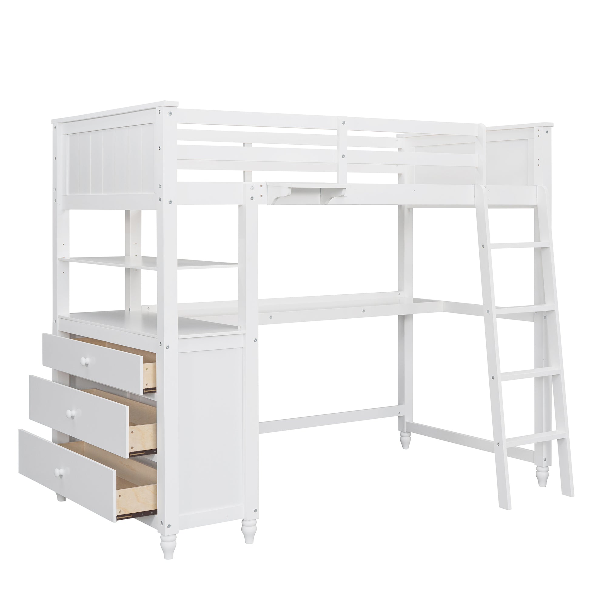 White wood loft bed with integrated desk and drawers
